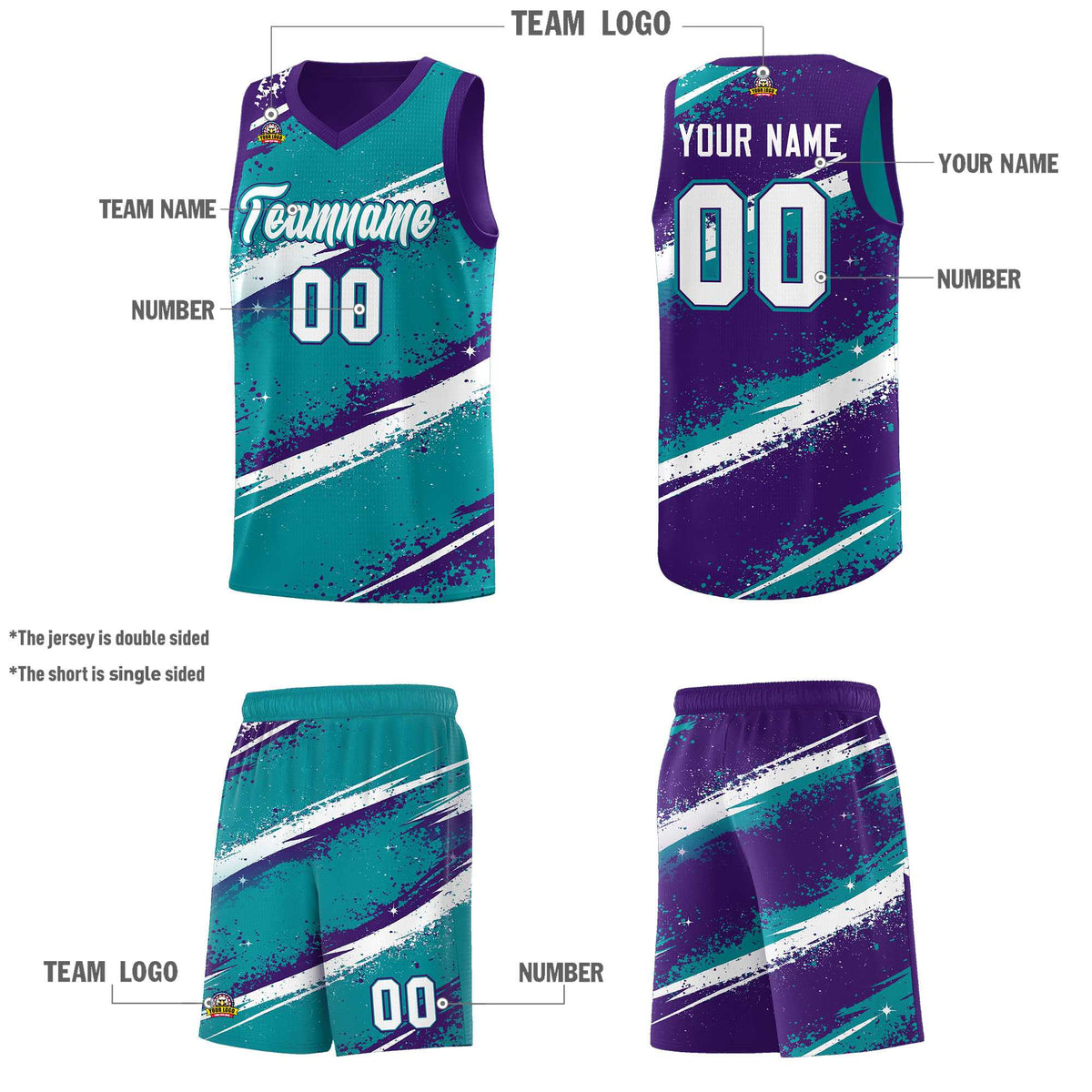 Custom Teal Purple White Basketball Jersey Stellar Strike Series Reversible Drapable
