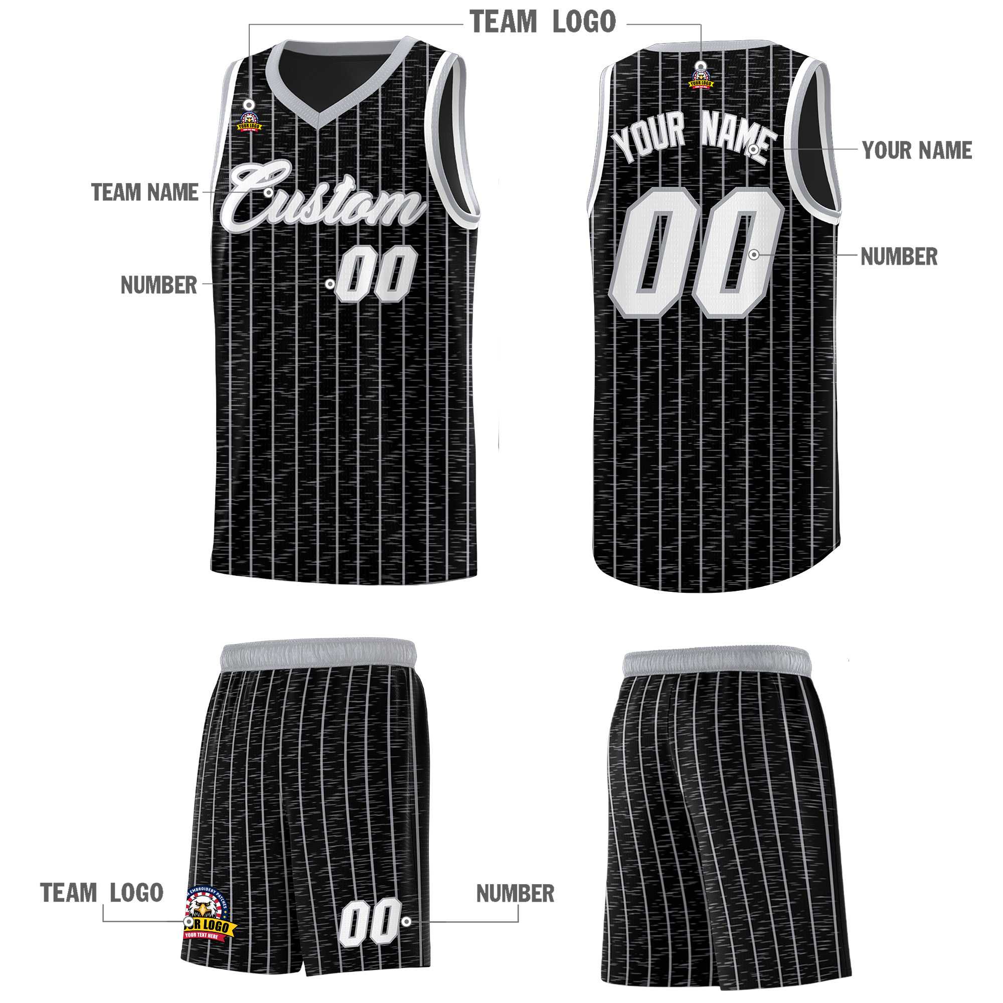 Custom Black Custom Gray Pinstripe Retro Sets Uniform Basketball Jersey