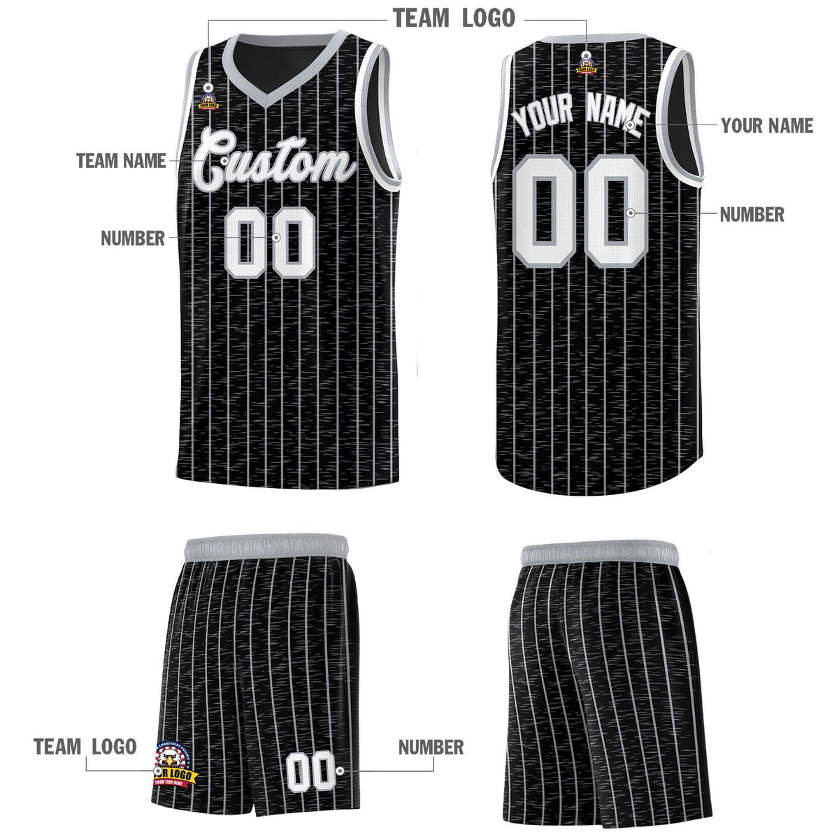 Custom Black Custom Gray Pinstripe Retro Sets Uniform Basketball Jersey