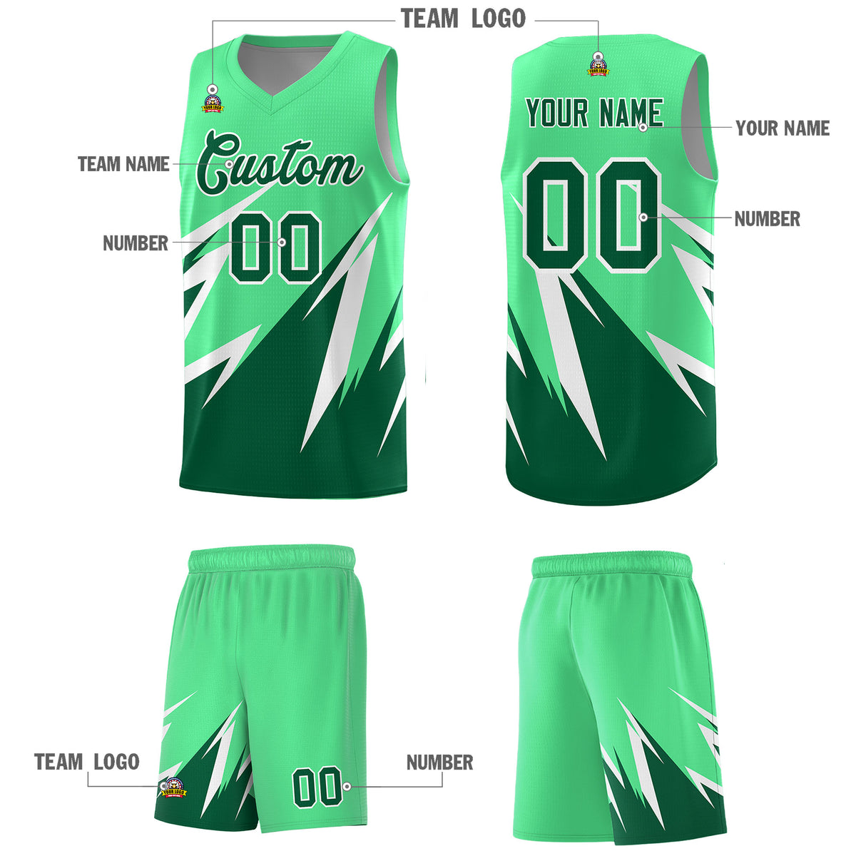 Custom Green Abstract Mountain Pattern Sports Uniform Basketball Jersey