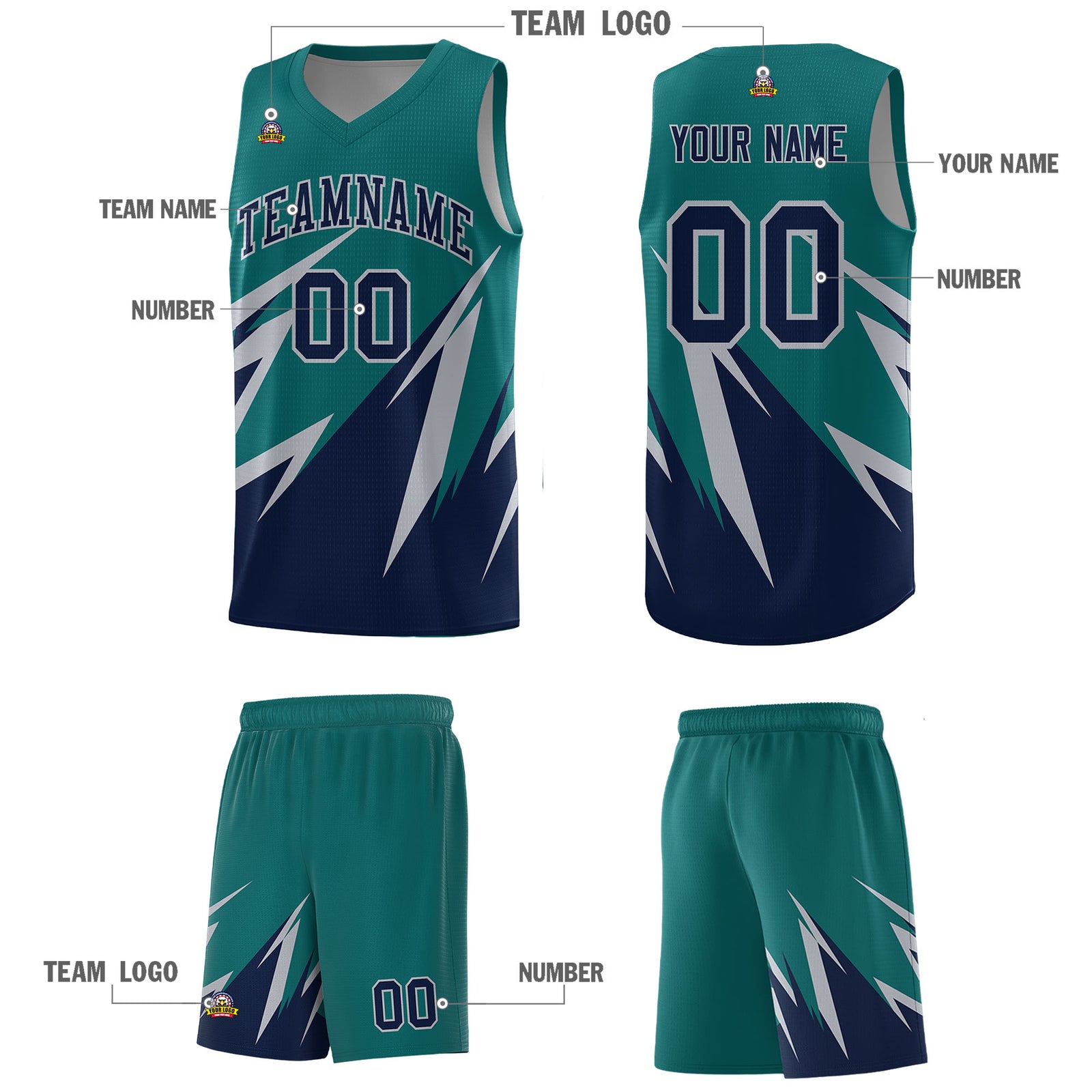 Custom Teal Abstract Mountain Pattern Sports Uniform Basketball Jersey
