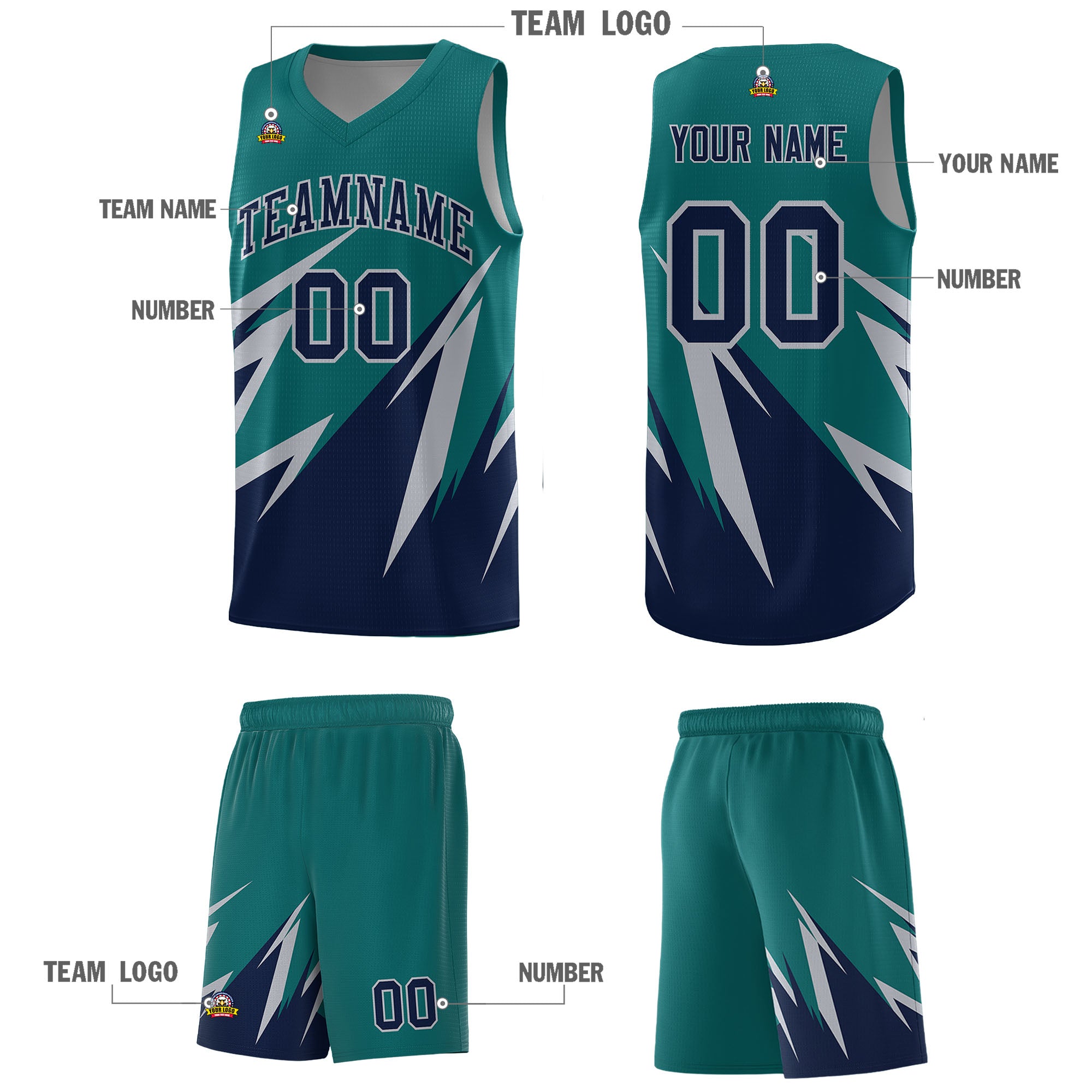 Custom Teal Abstract Mountain Pattern Sports Uniform Basketball Jersey