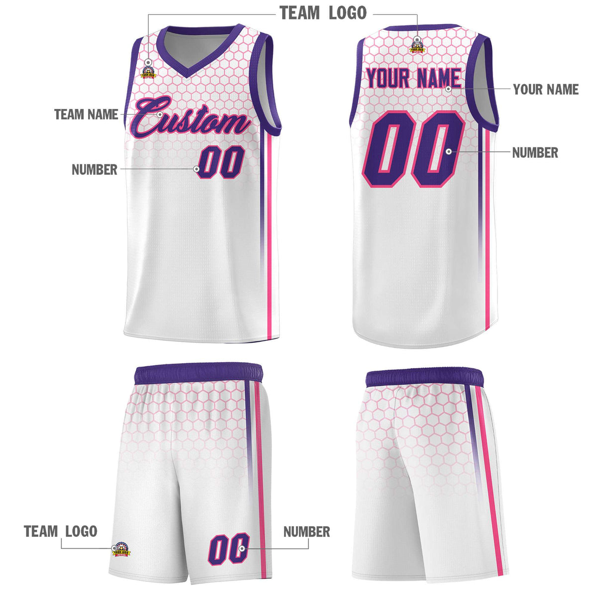 Custom White Personalized Honeycomb Pattern Sports Uniform Basketball Jersey