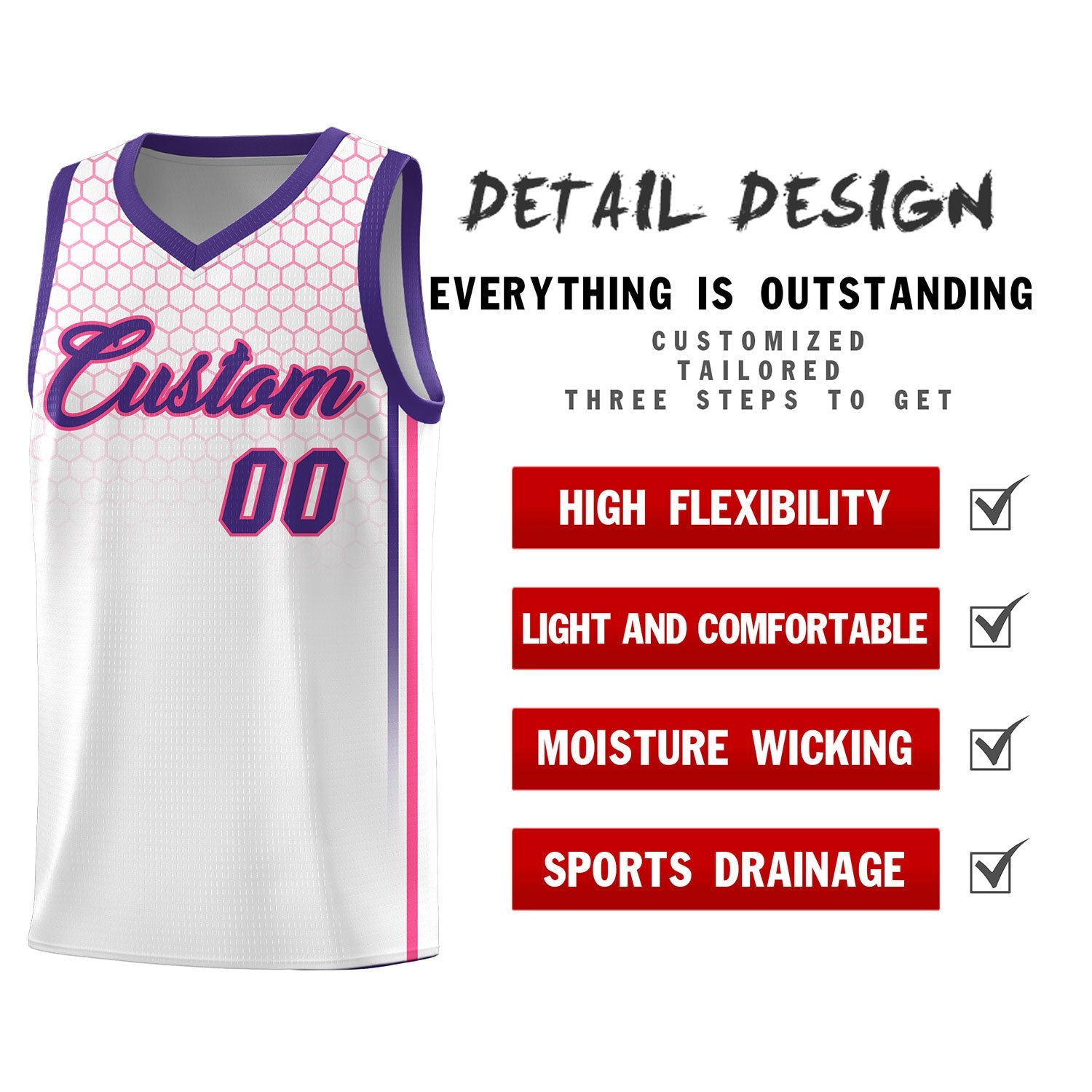 Custom White Personalized Honeycomb Pattern Sports Uniform Basketball Jersey