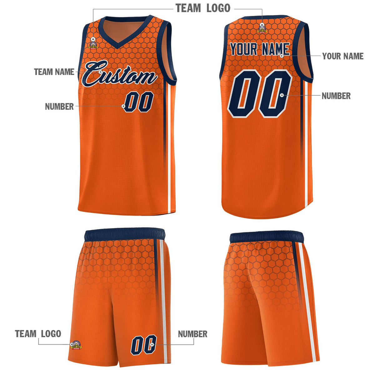 Custom Texas Orange Personalized Honeycomb Pattern Sports Uniform Basketball Jersey