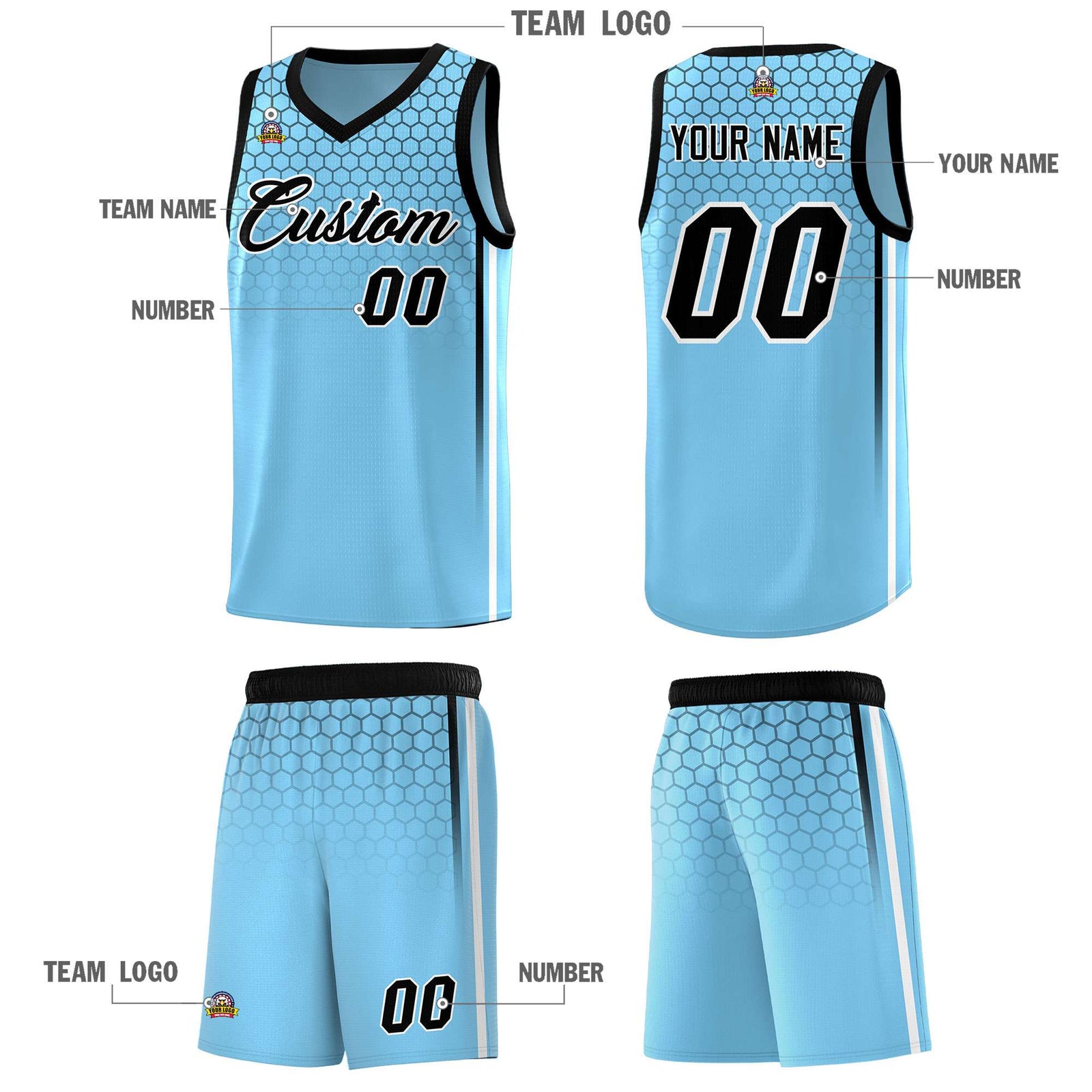Custom Light Blue Personalized Honeycomb Pattern Sports Uniform Basketball Jersey
