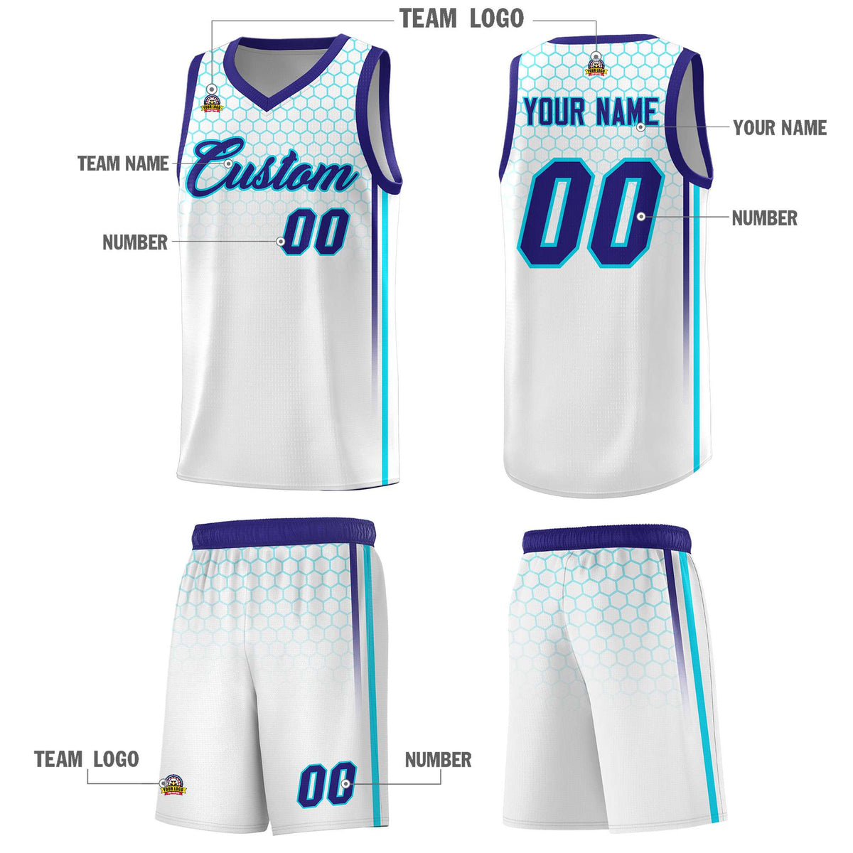 Custom White Personalized Honeycomb Pattern Sports Uniform Basketball Jersey