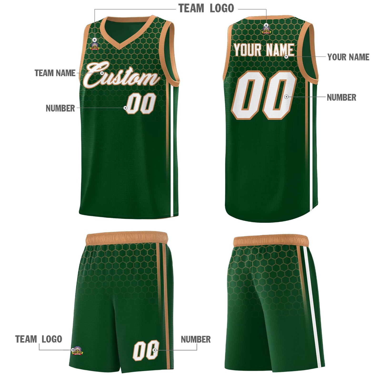 Custom Green Personalized Honeycomb Pattern Sports Uniform Basketball Jersey