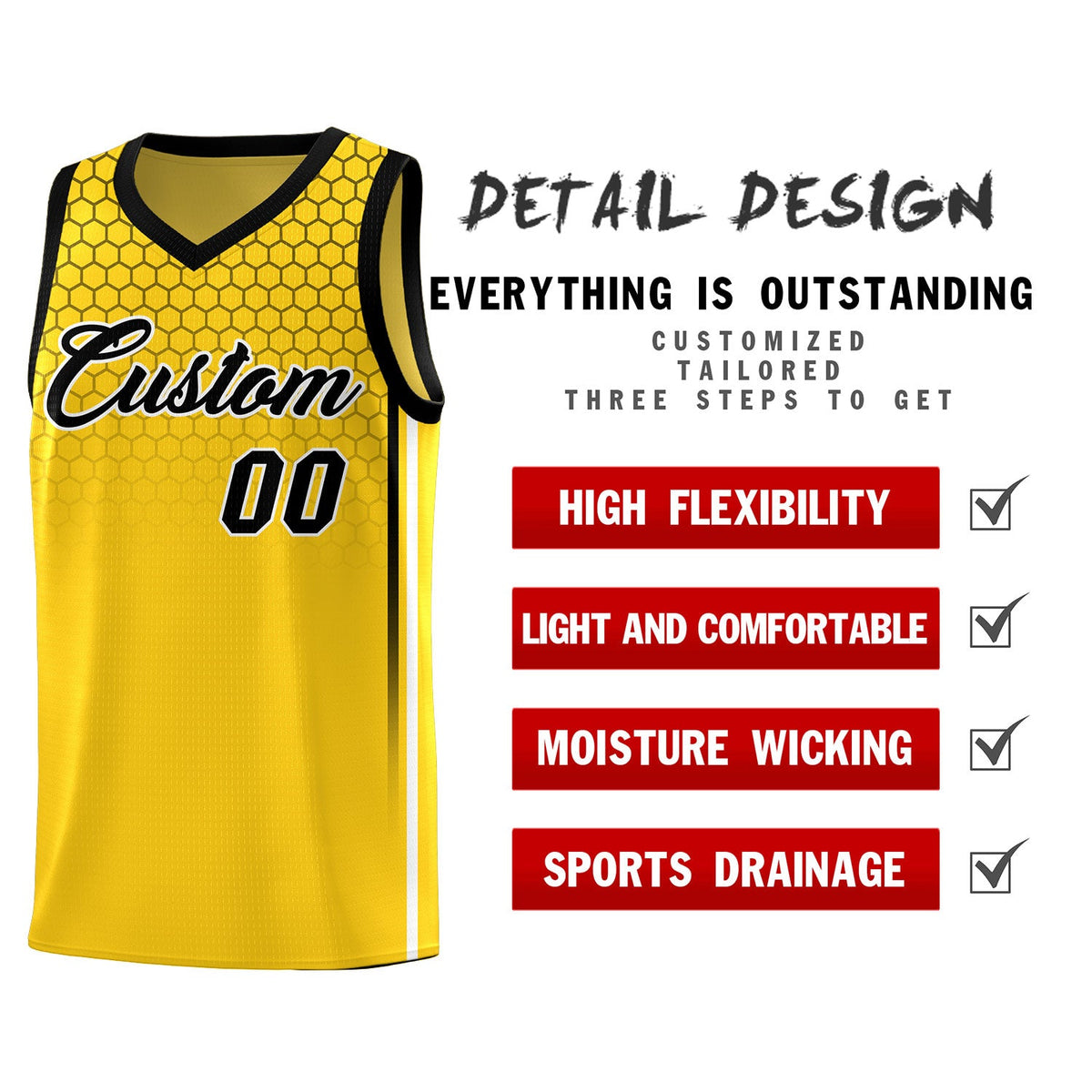 Custom Gold Personalized Honeycomb Pattern Sports Uniform Basketball Jersey