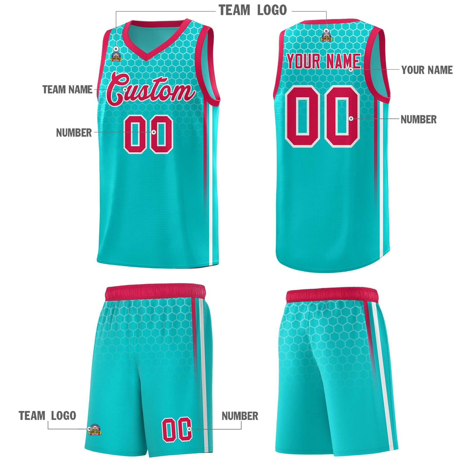 Custom Aqua Personalized Honeycomb Pattern Sports Uniform Basketball Jersey