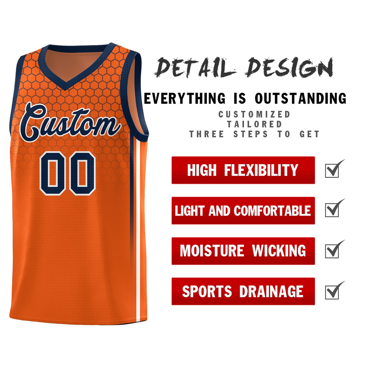 Custom Texas Orange Personalized Honeycomb Pattern Sports Uniform Basketball Jersey