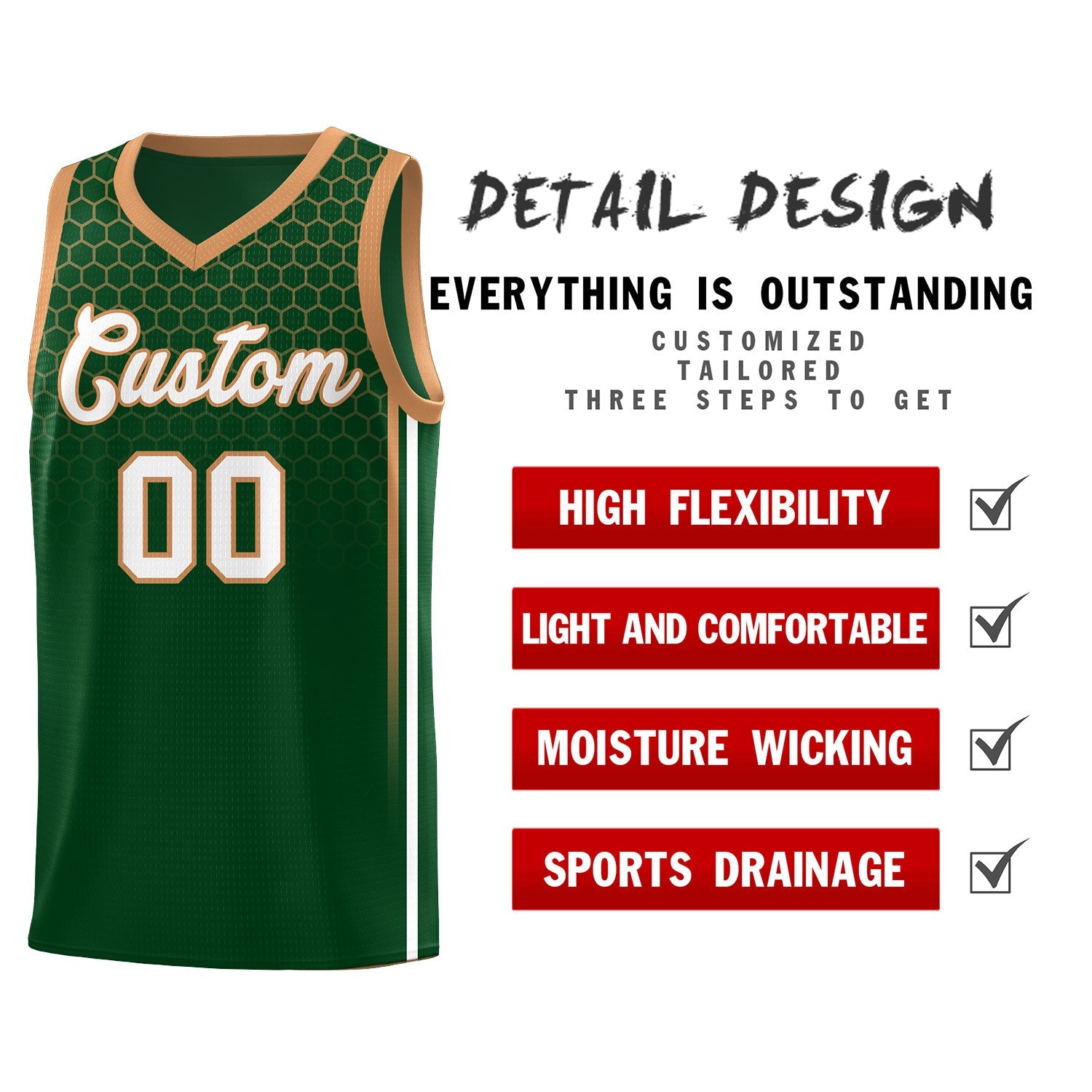 Custom Green Personalized Honeycomb Pattern Sports Uniform Basketball Jersey