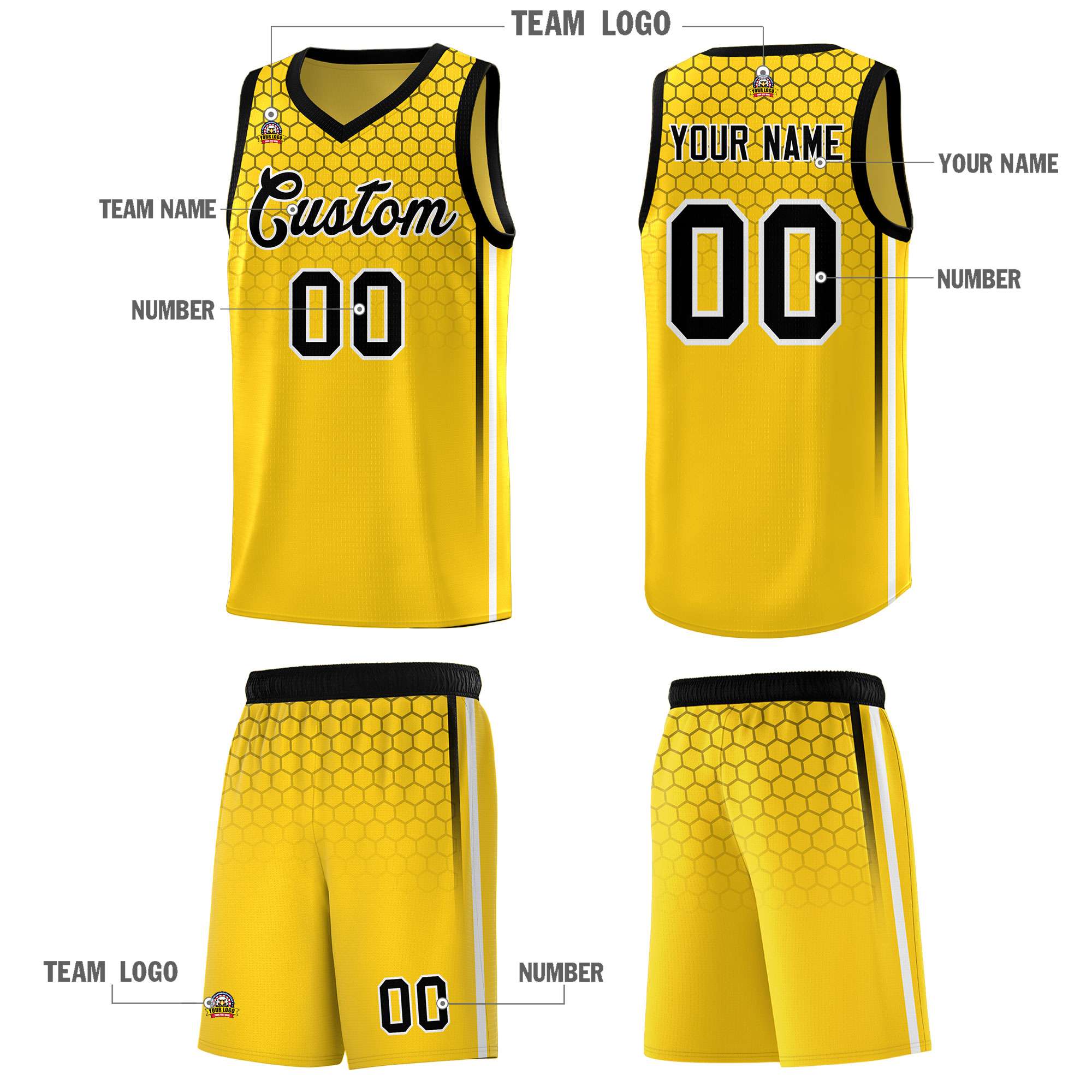 Custom Gold Personalized Honeycomb Pattern Sports Uniform Basketball Jersey
