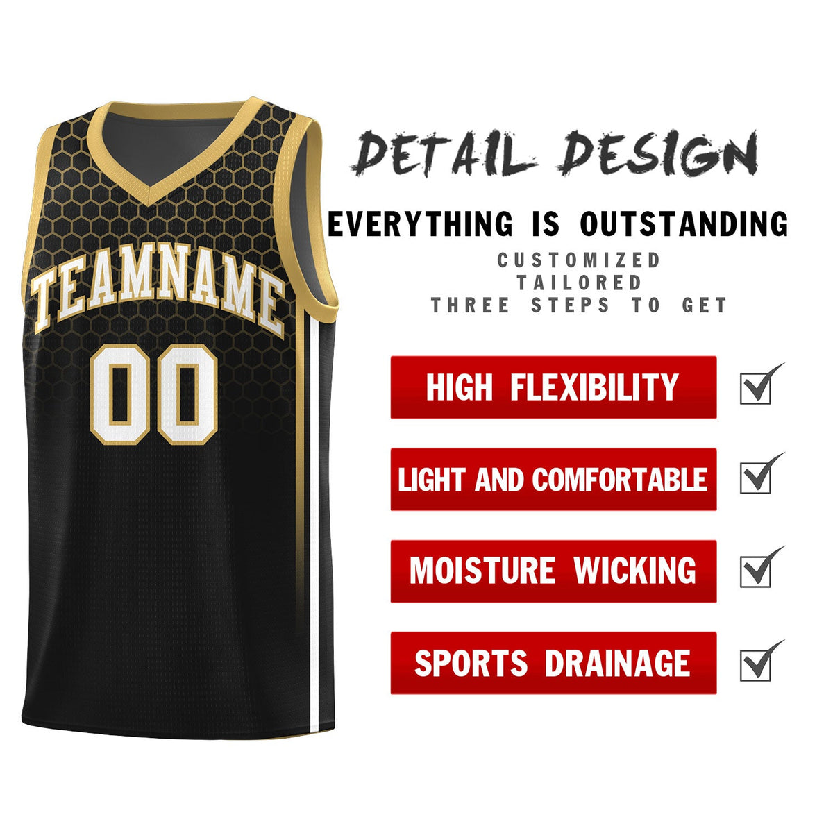 Custom Black Personalized Honeycomb Pattern Sports Uniform Basketball Jersey