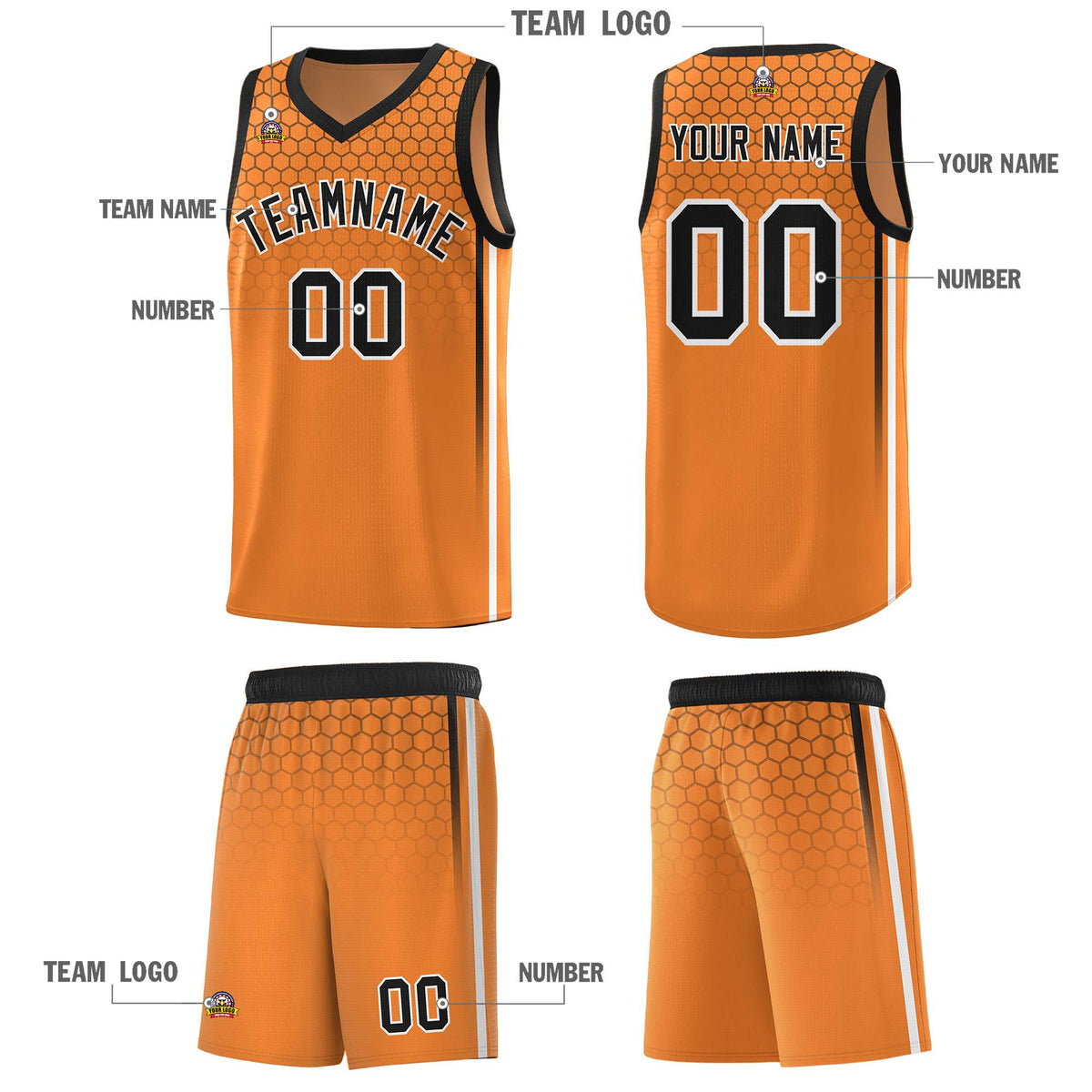 Custom Gold Orange Personalized Honeycomb Pattern Sports Uniform Basketball Jersey