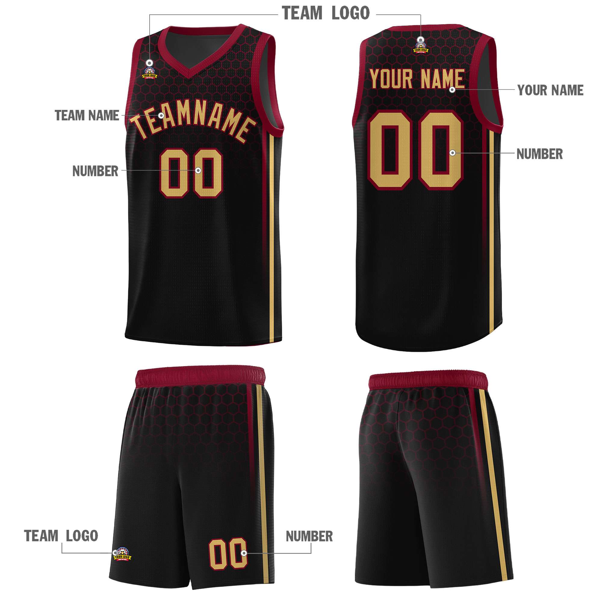 Custom Black Personalized Honeycomb Pattern Sports Uniform Basketball Jersey