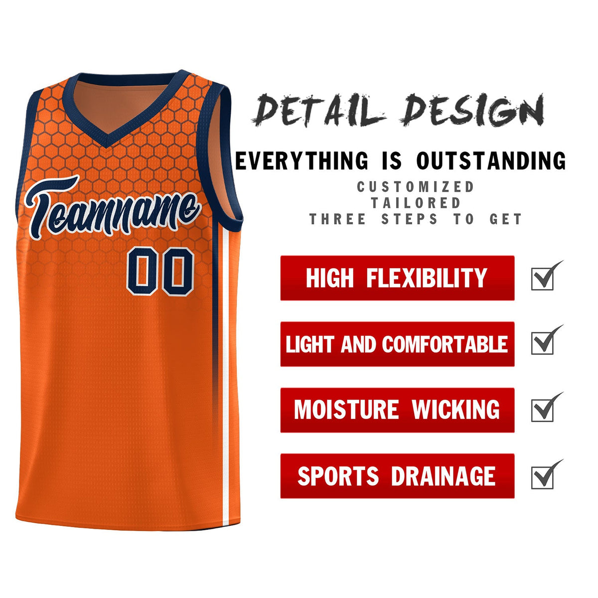 Custom Texas Orange Personalized Honeycomb Pattern Sports Uniform Basketball Jersey