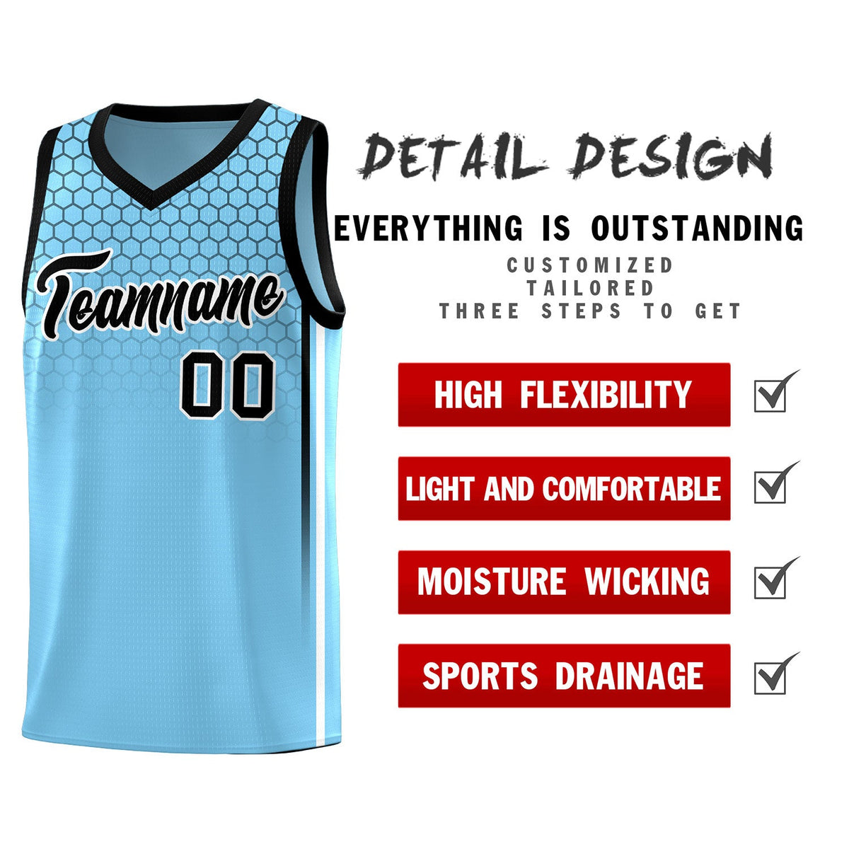 Custom Light Blue Personalized Honeycomb Pattern Sports Uniform Basketball Jersey