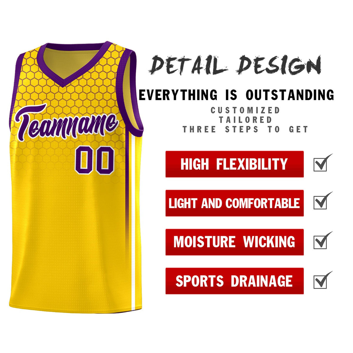 Custom Gold Personalized Honeycomb Pattern Sports Uniform Basketball Jersey