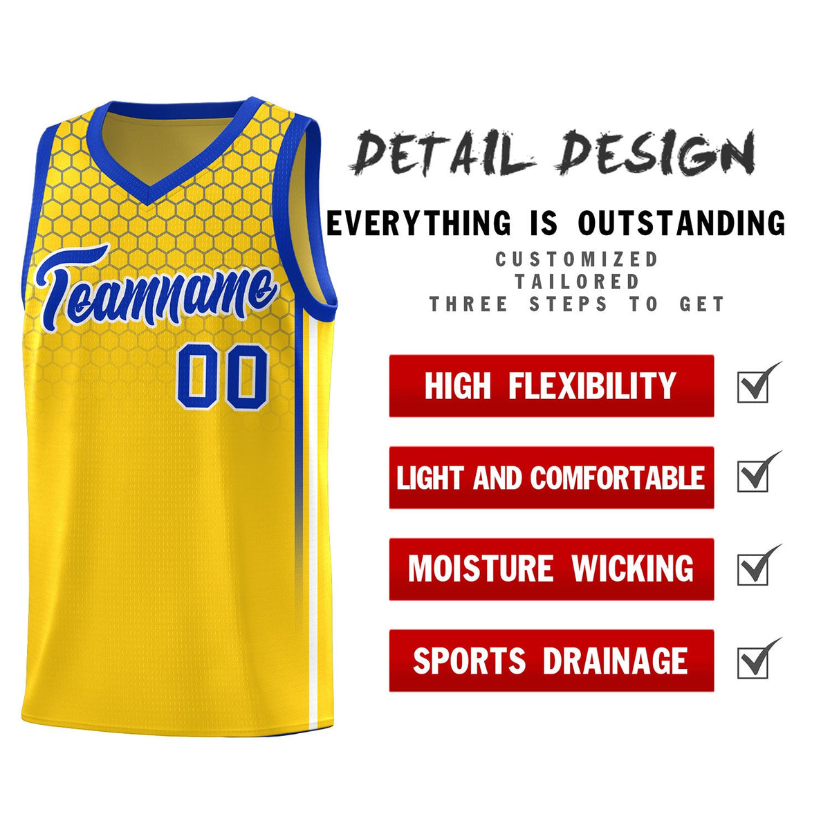 Custom Gold Personalized Honeycomb Pattern Sports Uniform Basketball Jersey