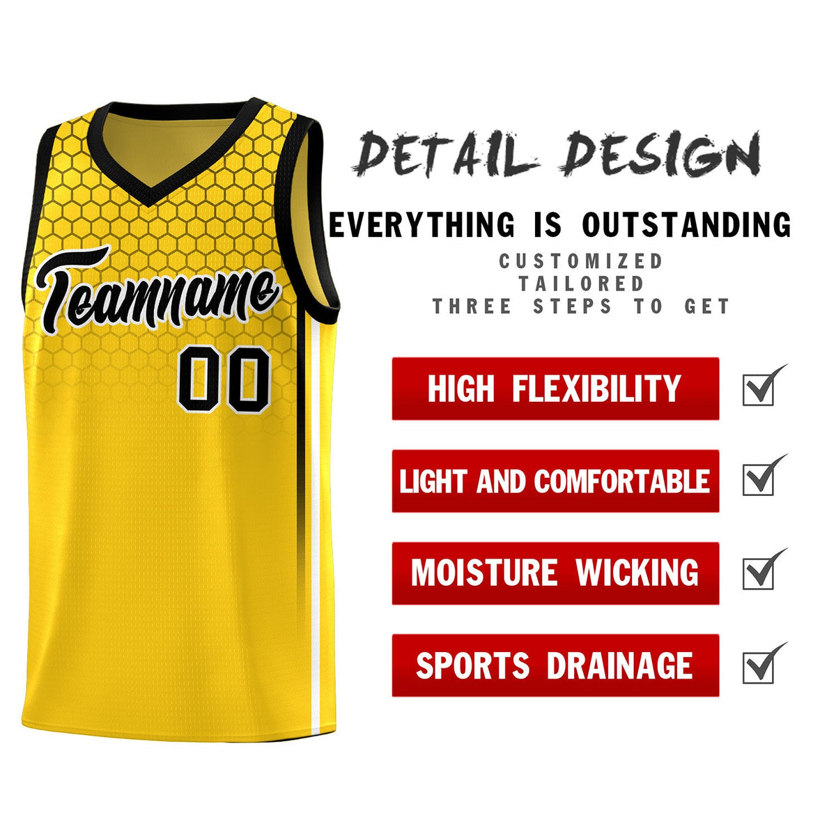 Custom Gold Personalized Honeycomb Pattern Sports Uniform Basketball Jersey
