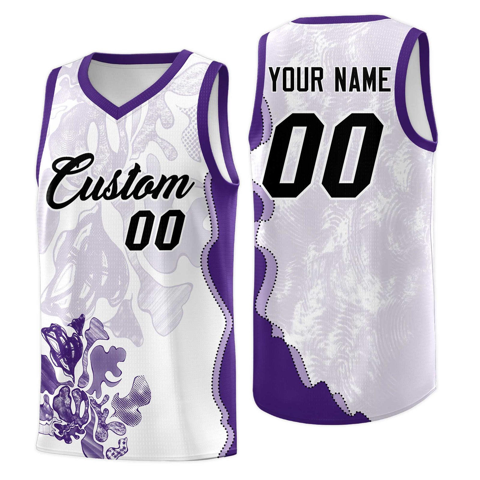 Custom White Purple Basketball Jersey - Illusion Flower Graffiti Moisture-wicking Fabric