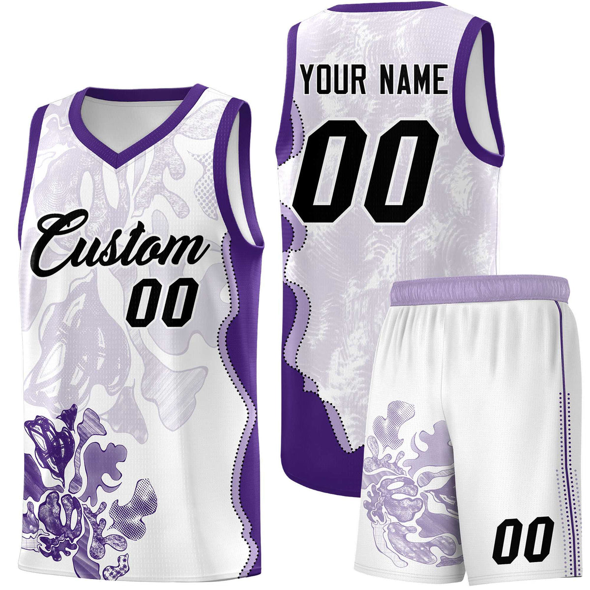 Custom White Purple Basketball Jersey - Illusion Flower Graffiti Moisture-wicking Fabric