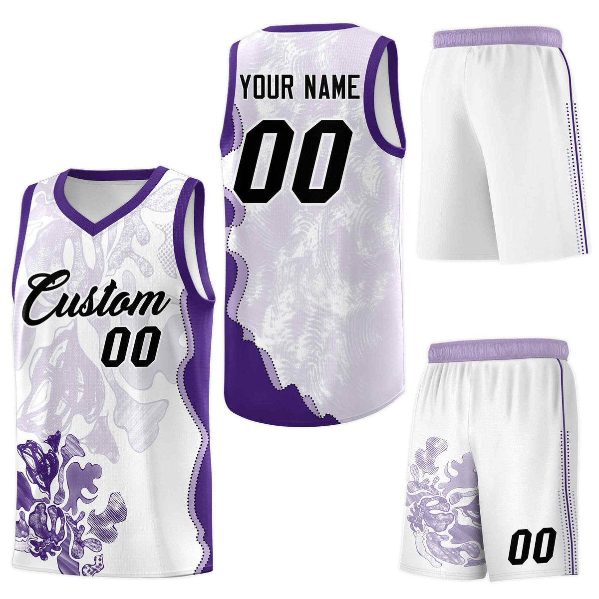 Custom White Purple Basketball Jersey - Illusion Flower Graffiti Stretch Fabric