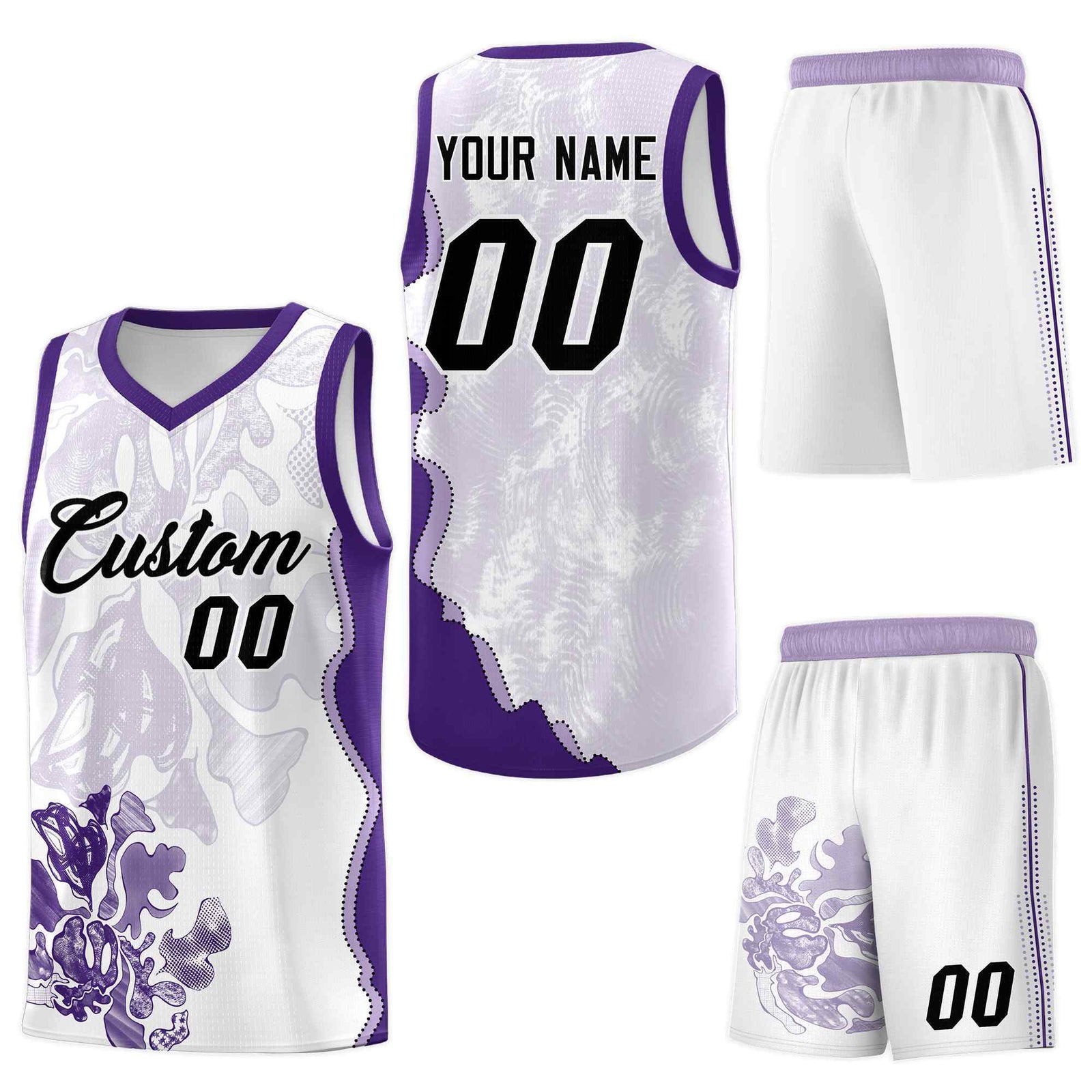 Custom White Purple Basketball Jersey - Illusion Flower Graffiti Stretch Fabric
