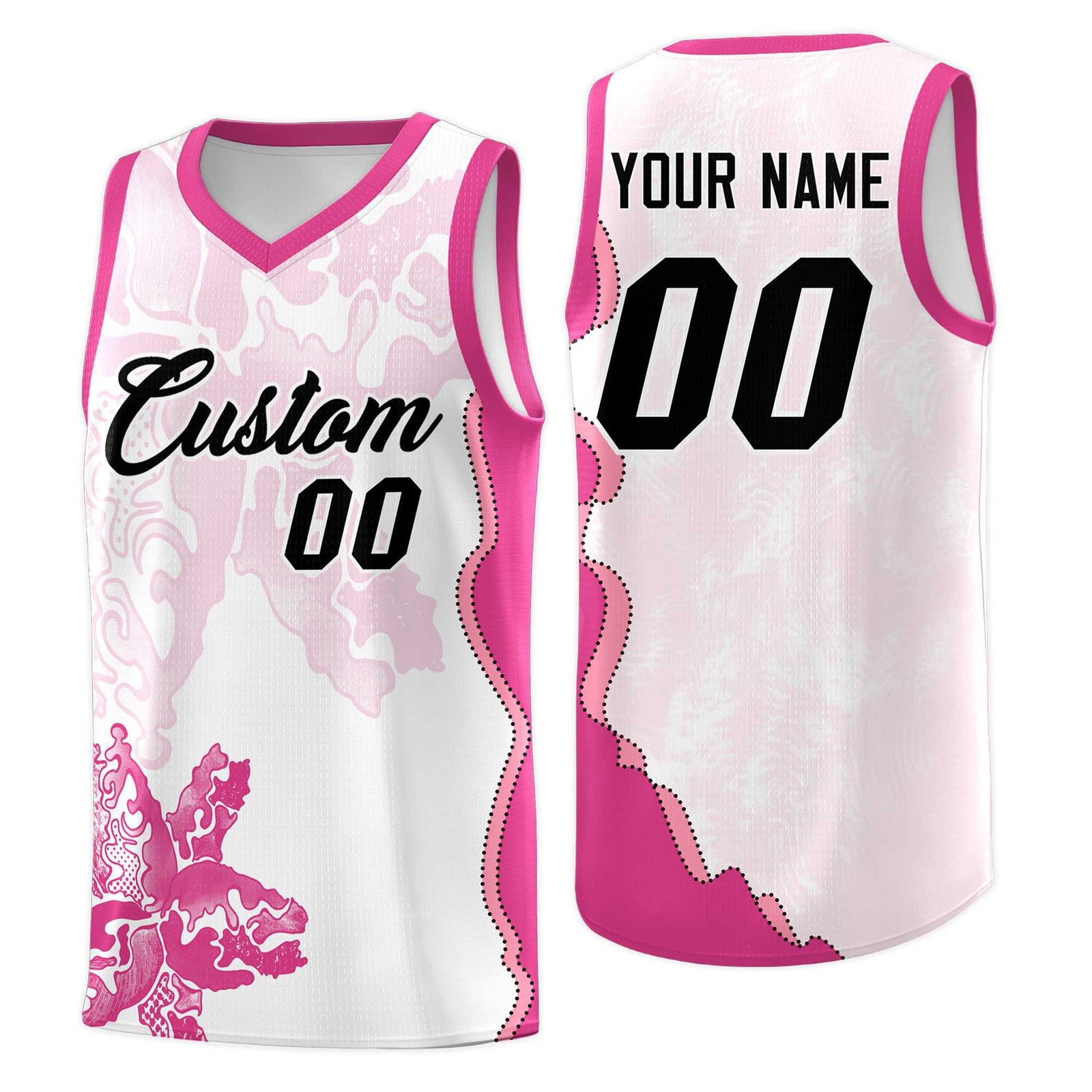 Custom White Pink Basketball Jersey - Illusion Flower Graffiti Breathable mesh Fabric