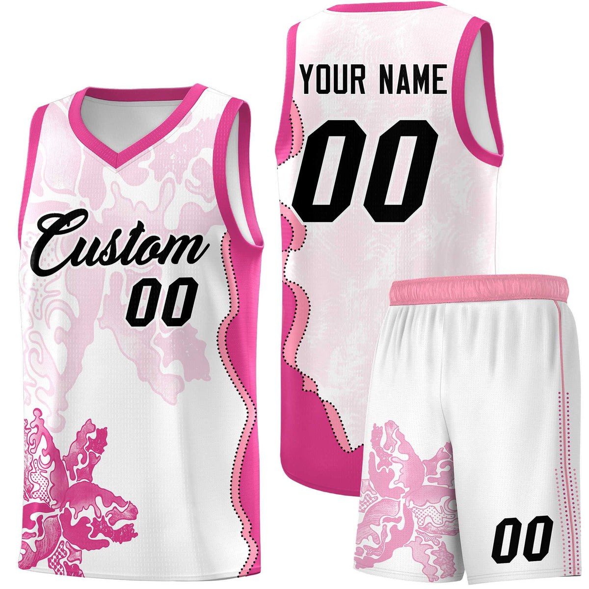 Custom White Pink Basketball Jersey - Illusion Flower Graffiti Breathable mesh Fabric