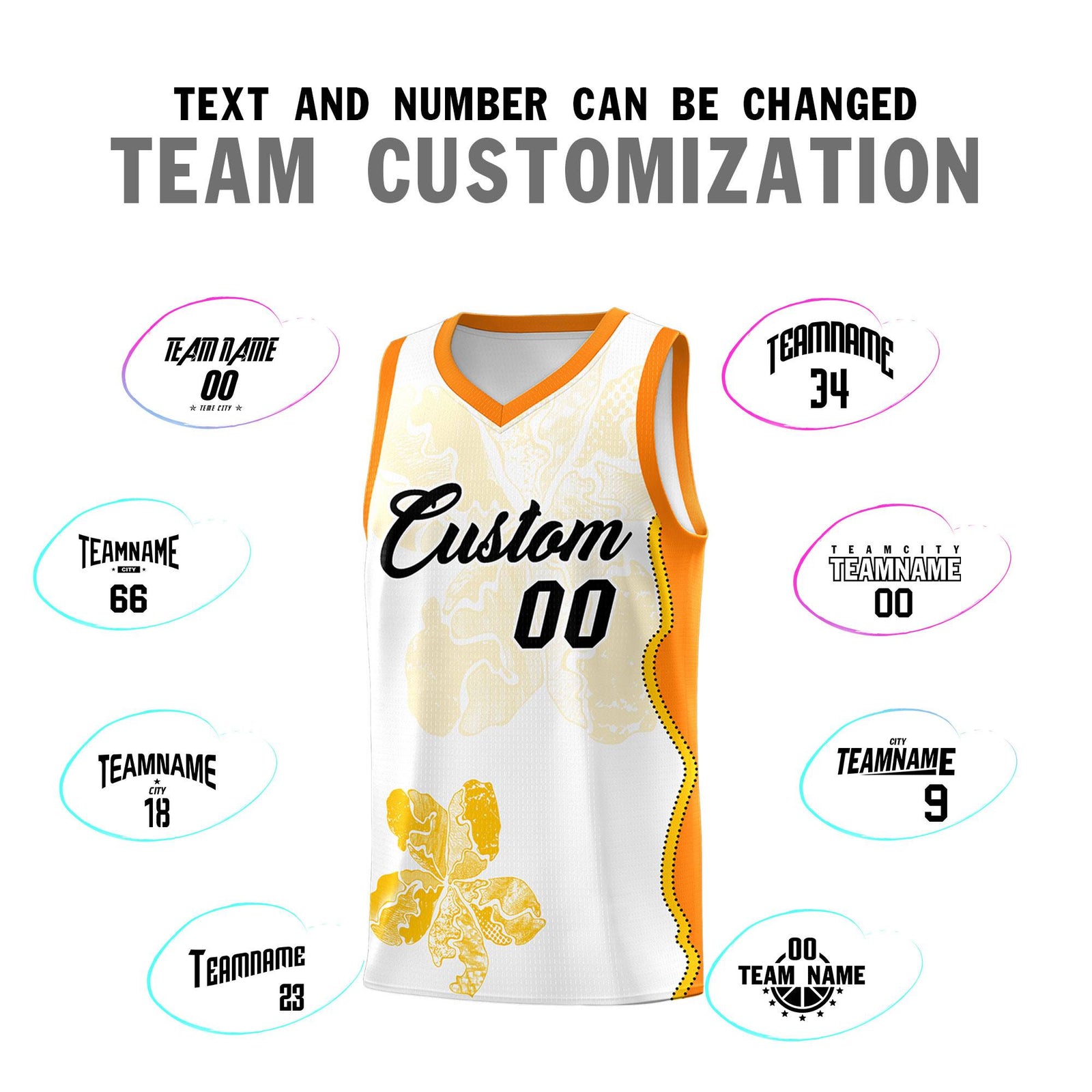 Custom White Orange Basketball Jersey - Illusion Flower Graffiti Durable Fabric