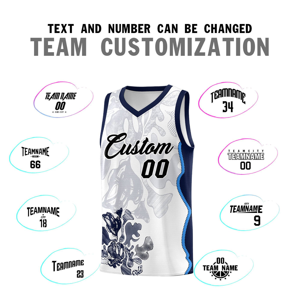 Custom White Navy Basketball Jersey - Illusion Flower Graffiti Breathable Fabric