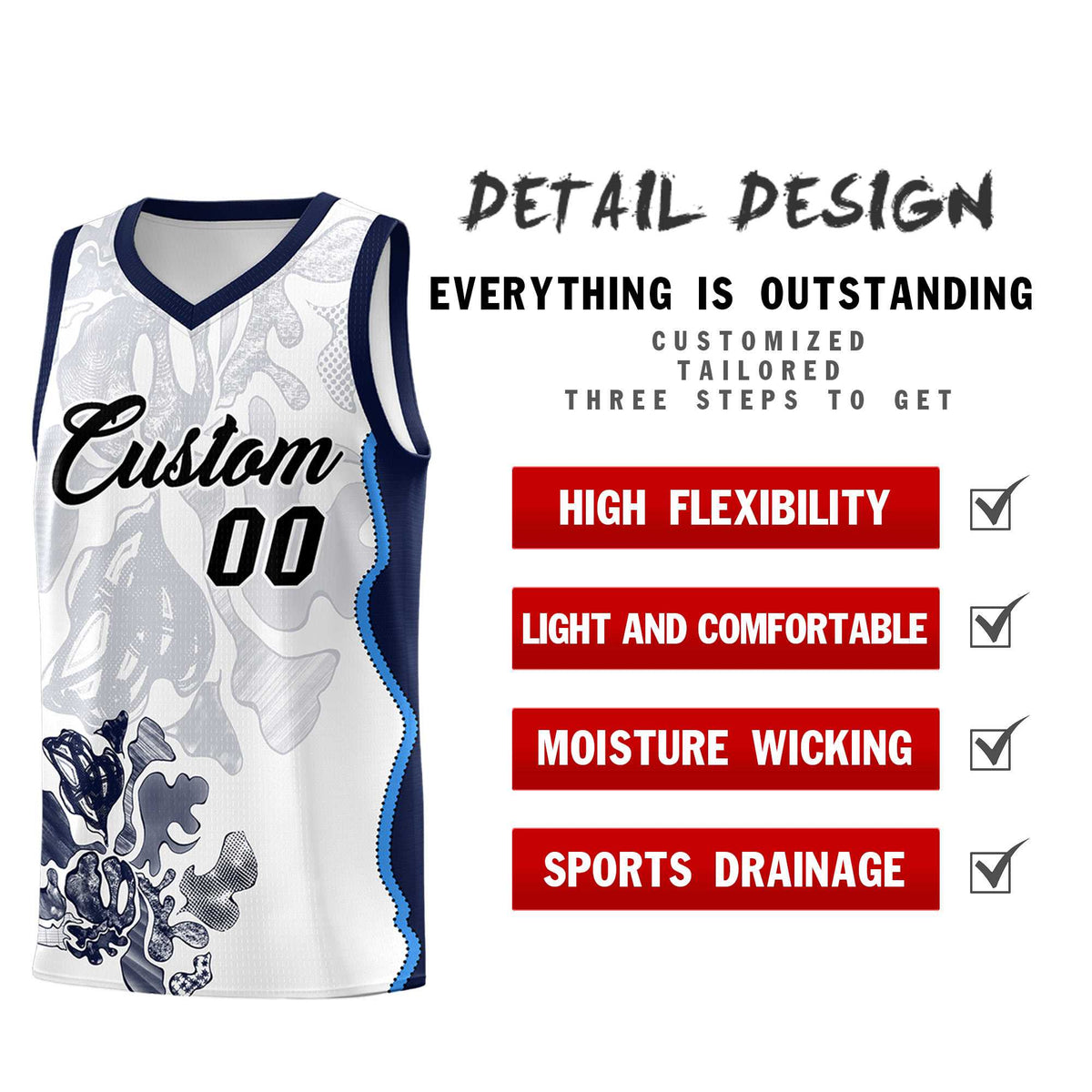 Custom White Navy Basketball Jersey - Illusion Flower Graffiti Breathable Fabric