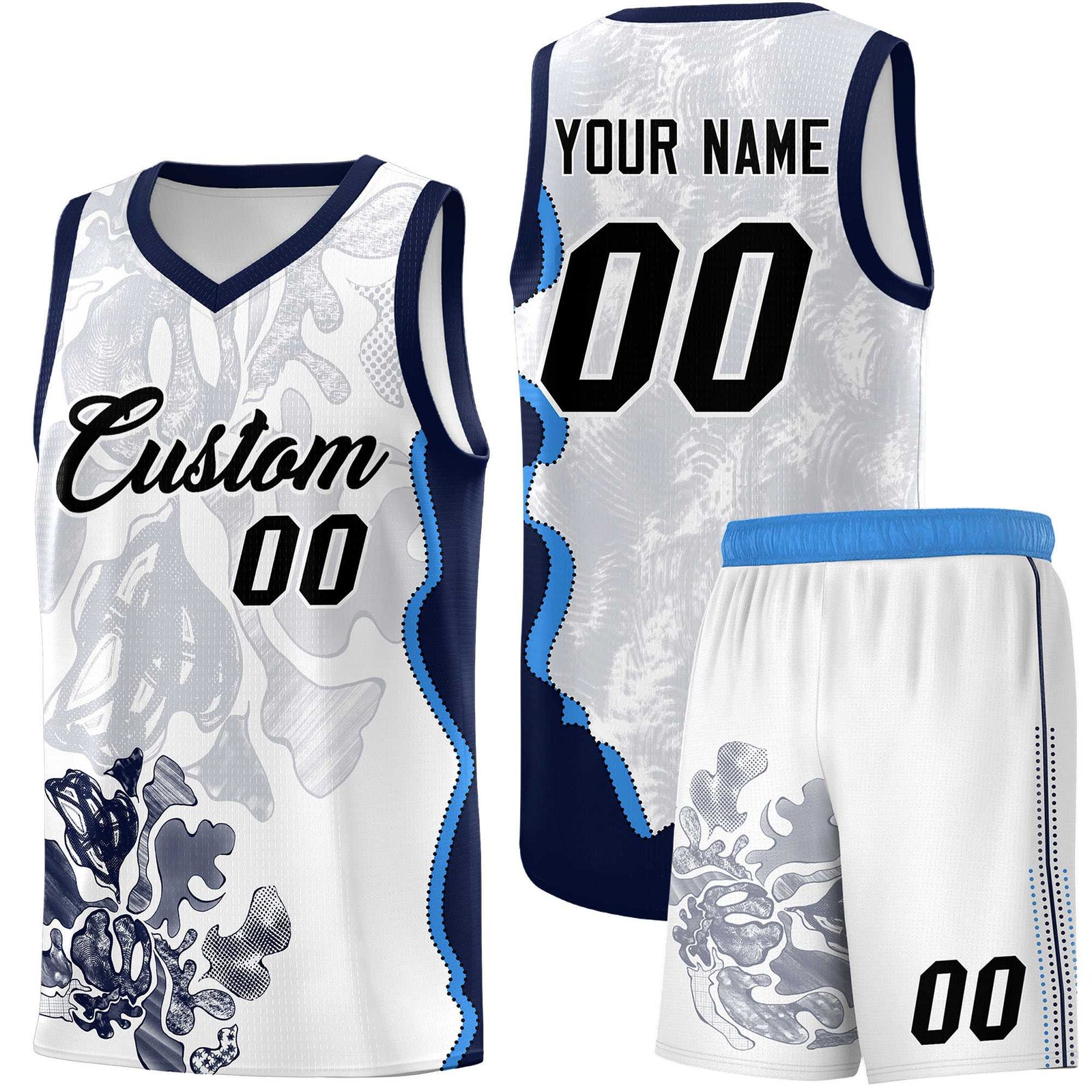 Custom White Navy Basketball Jersey - Illusion Flower Graffiti Breathable Fabric