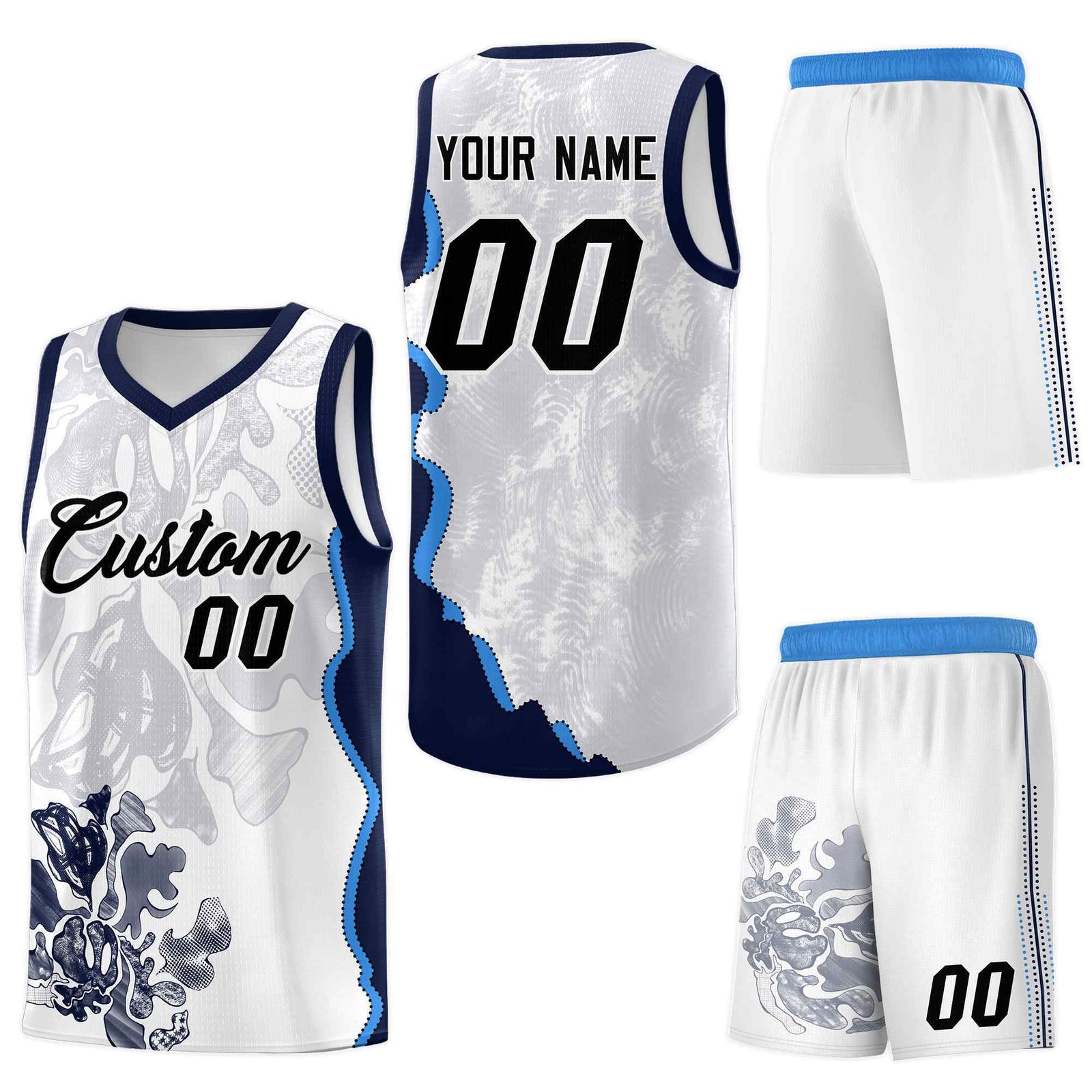 Custom White Navy Basketball Jersey - Illusion Flower Graffiti Breathable