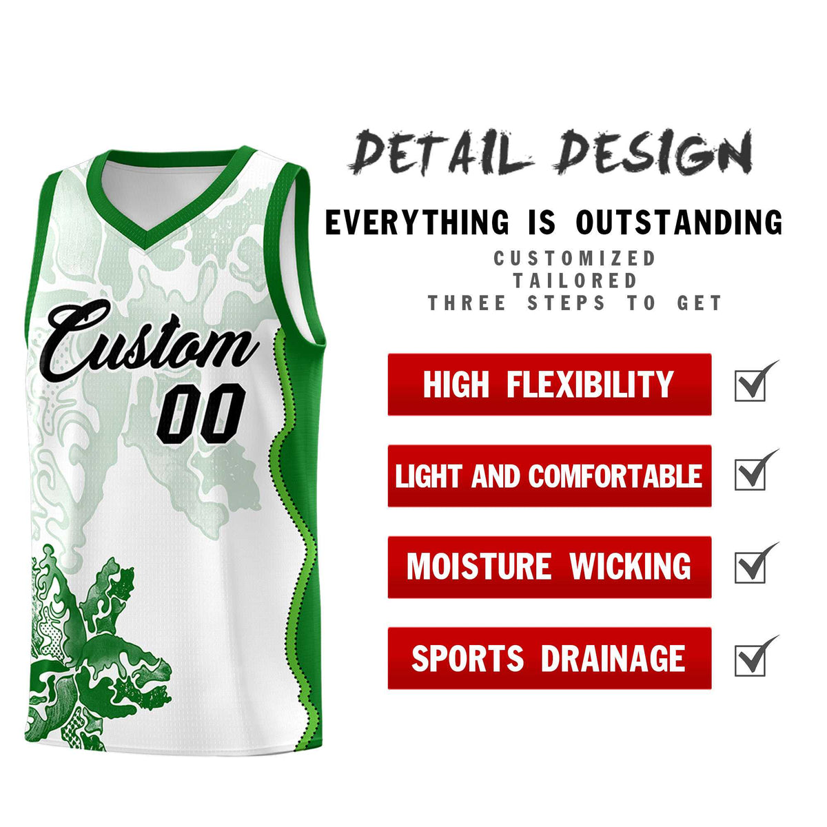 Custom White Kelly Green Basketball Jersey - Illusion Flower Graffiti Moisture wicking Fabric