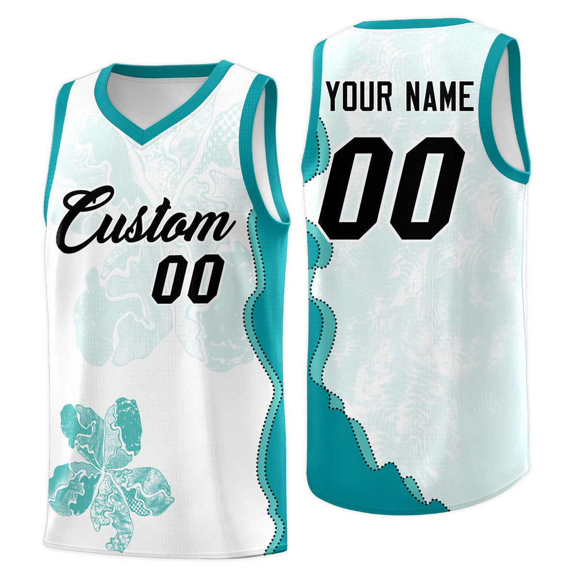 Custom White Teal Basketball Jersey - Illusion Flower Graffiti Lightweight Fabric