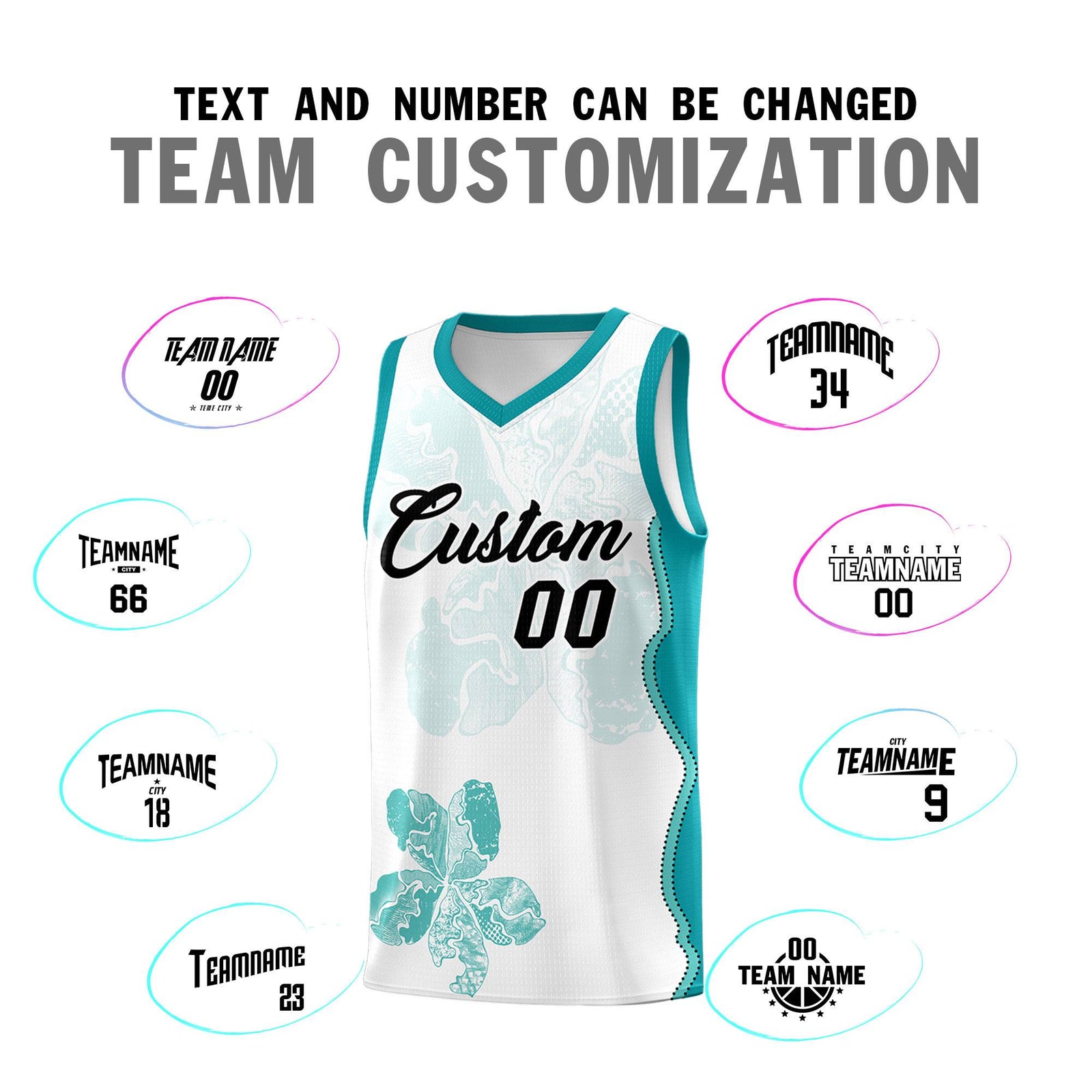 Custom White Teal Basketball Jersey - Illusion Flower Graffiti Lightweight Fabric
