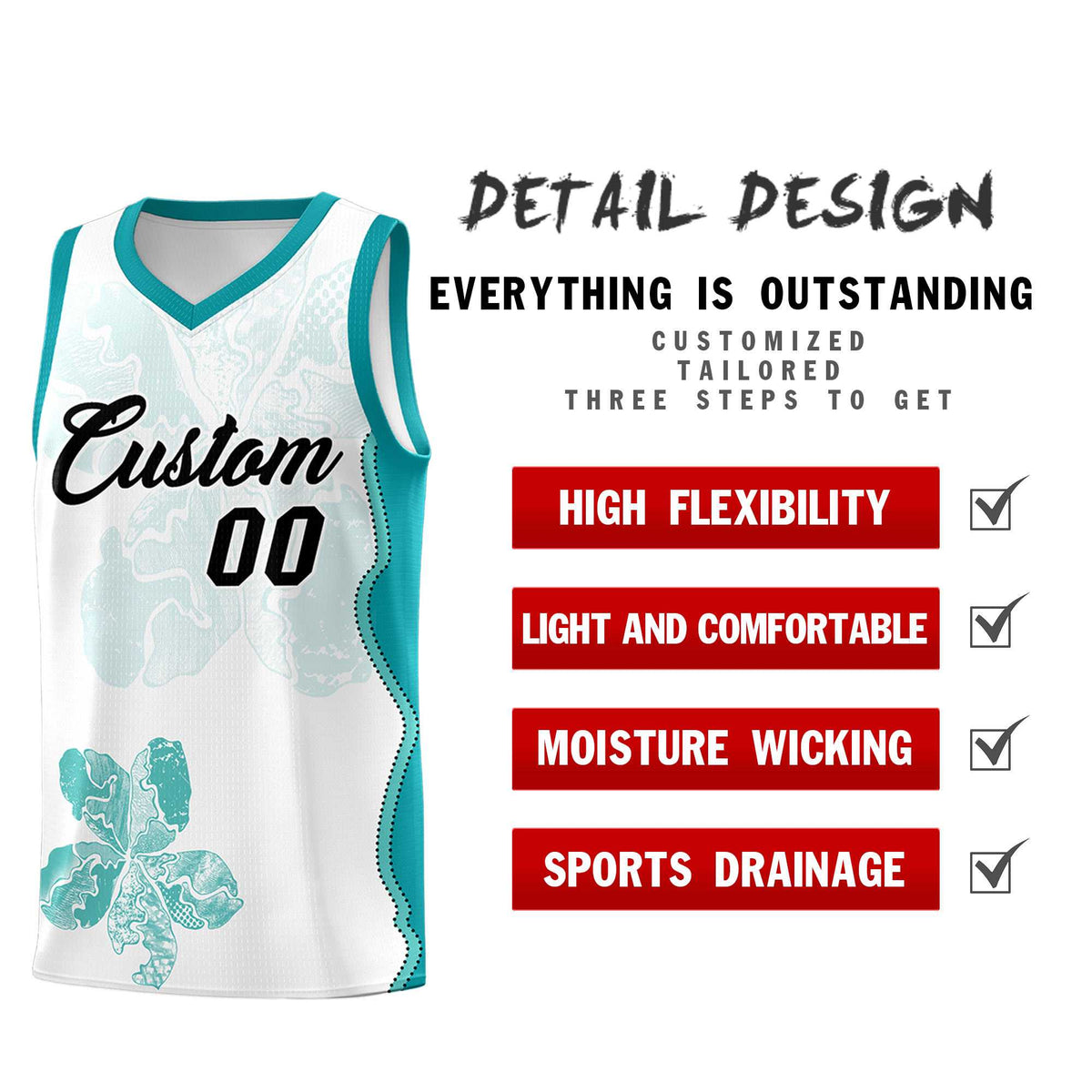 Custom White Teal Basketball Jersey - Illusion Flower Graffiti Lightweight Fabric