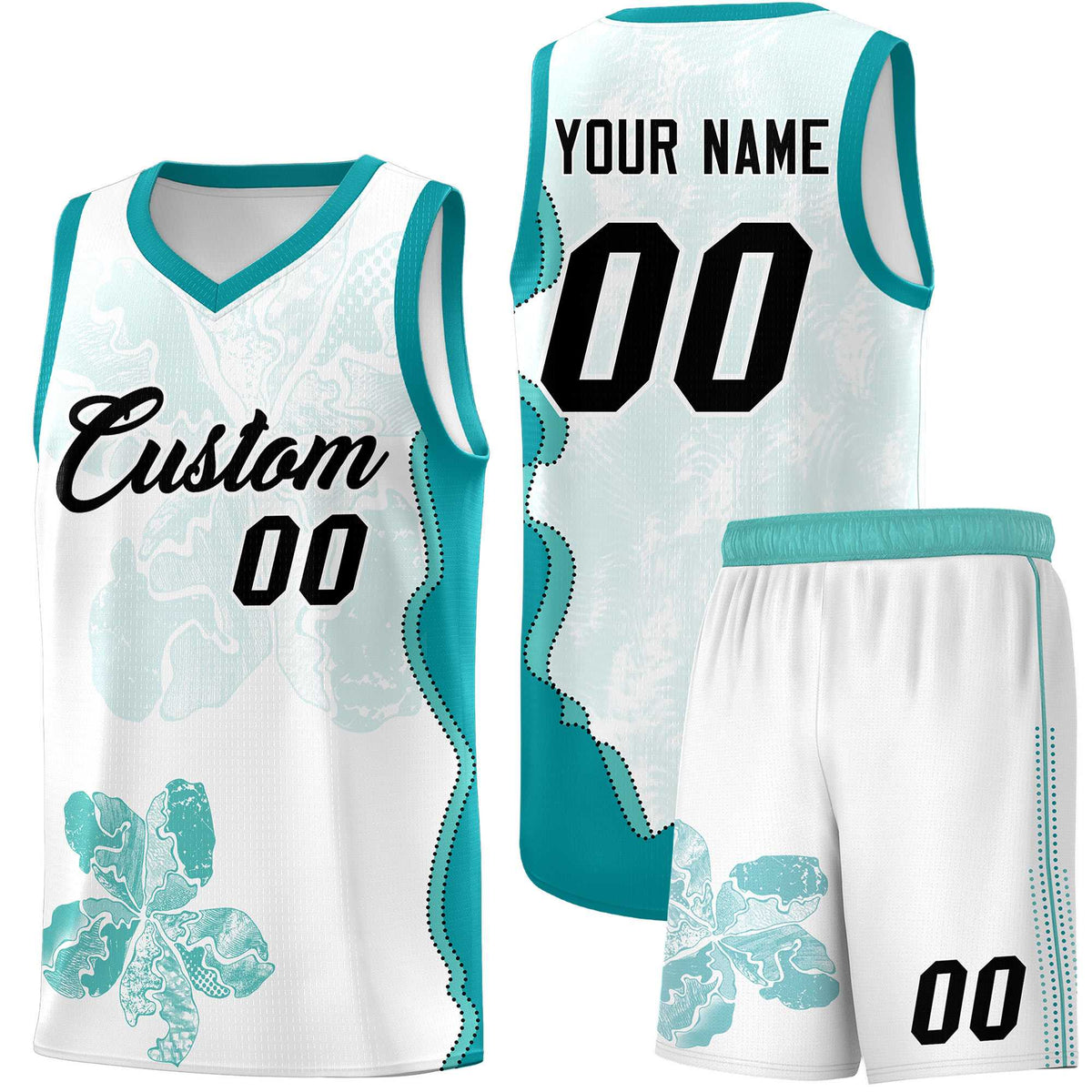 Custom White Teal Basketball Jersey - Illusion Flower Graffiti Lightweight Fabric
