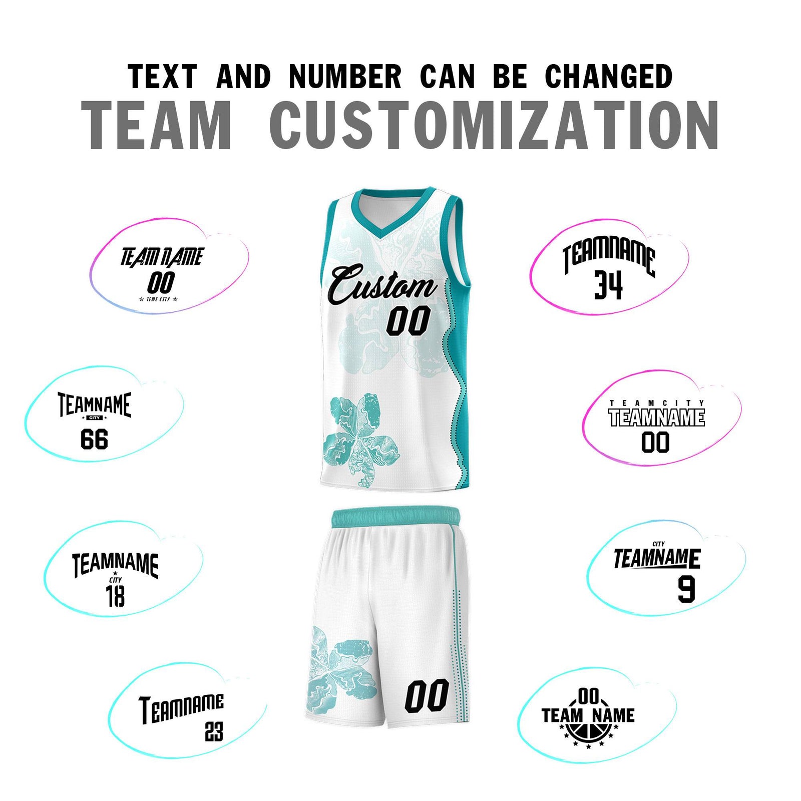 Custom White Teal Basketball Jersey - Illusion Flower Graffiti Lightweight Fabric