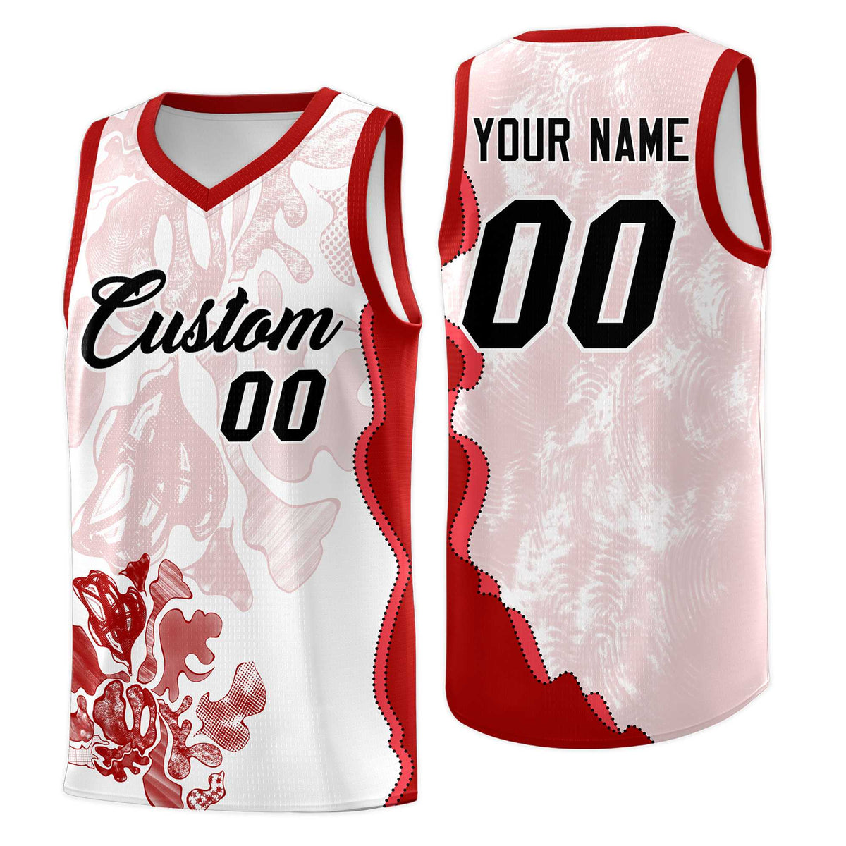 Custom White Red Basketball Jersey - Illusion Flower Graffiti Stretchy Fabric