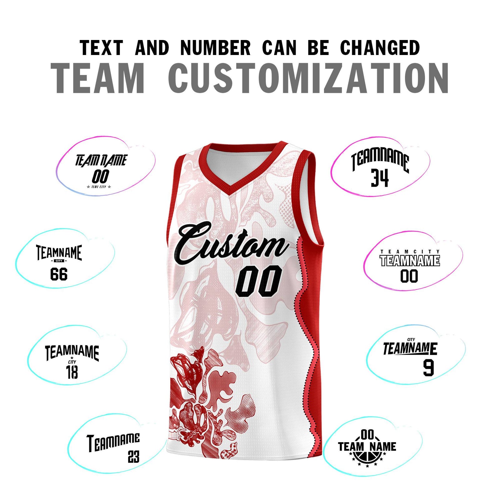 Custom White Red Basketball Jersey - Illusion Flower Graffiti Stretchy Fabric