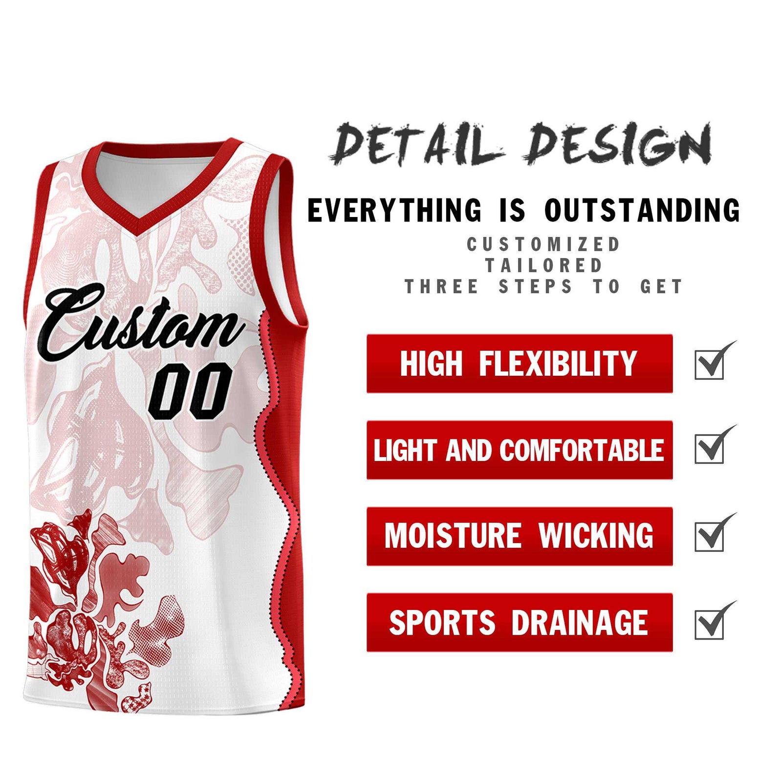 Custom White Red Basketball Jersey - Illusion Flower Graffiti Stretchy Fabric