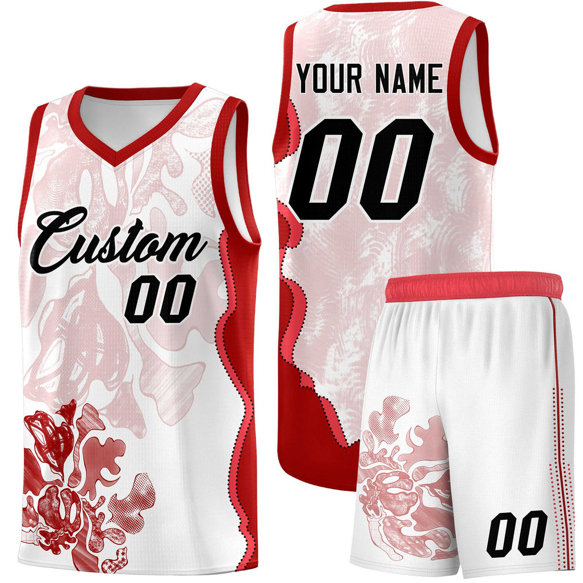 Custom White Red Basketball Jersey - Illusion Flower Graffiti Stretchy Fabric