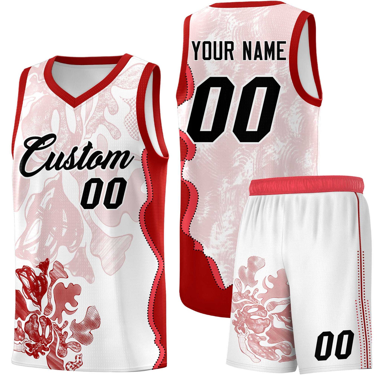 Custom White Red Basketball Jersey - Illusion Flower Graffiti Stretchy Fabric