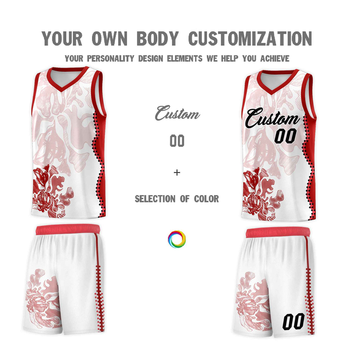 Custom White Red Basketball Jersey - Illusion Flower Graffiti Stretchy Fabric