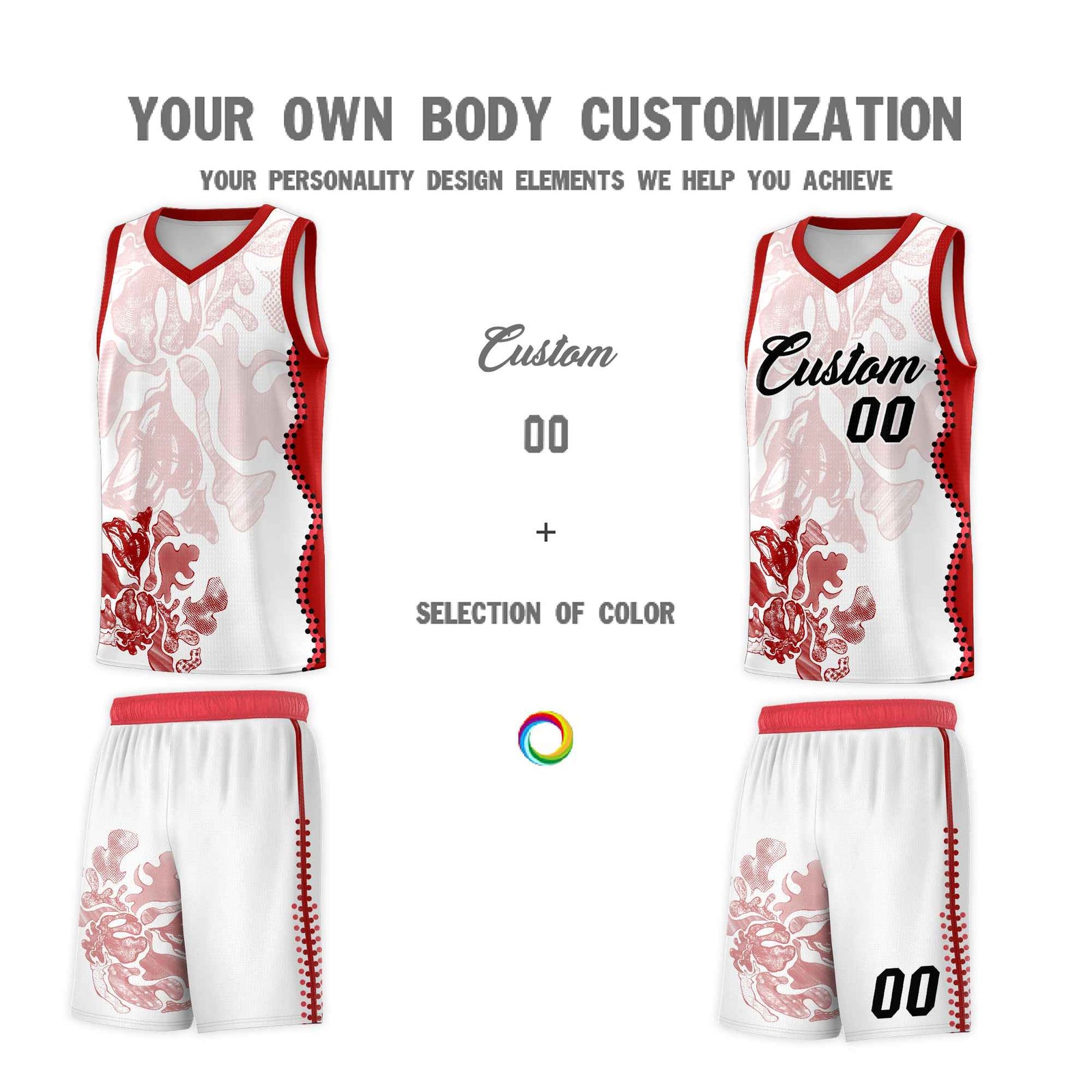 Custom White Red Basketball Jersey - Illusion Flower Graffiti Stretchy Fabric