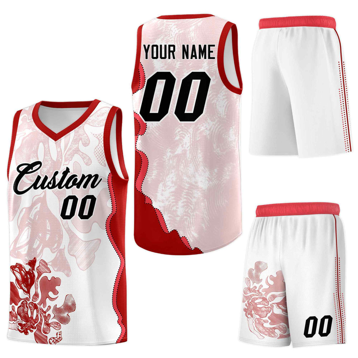 Custom White Red Basketball Jersey - Illusion Flower Graffiti Drapable